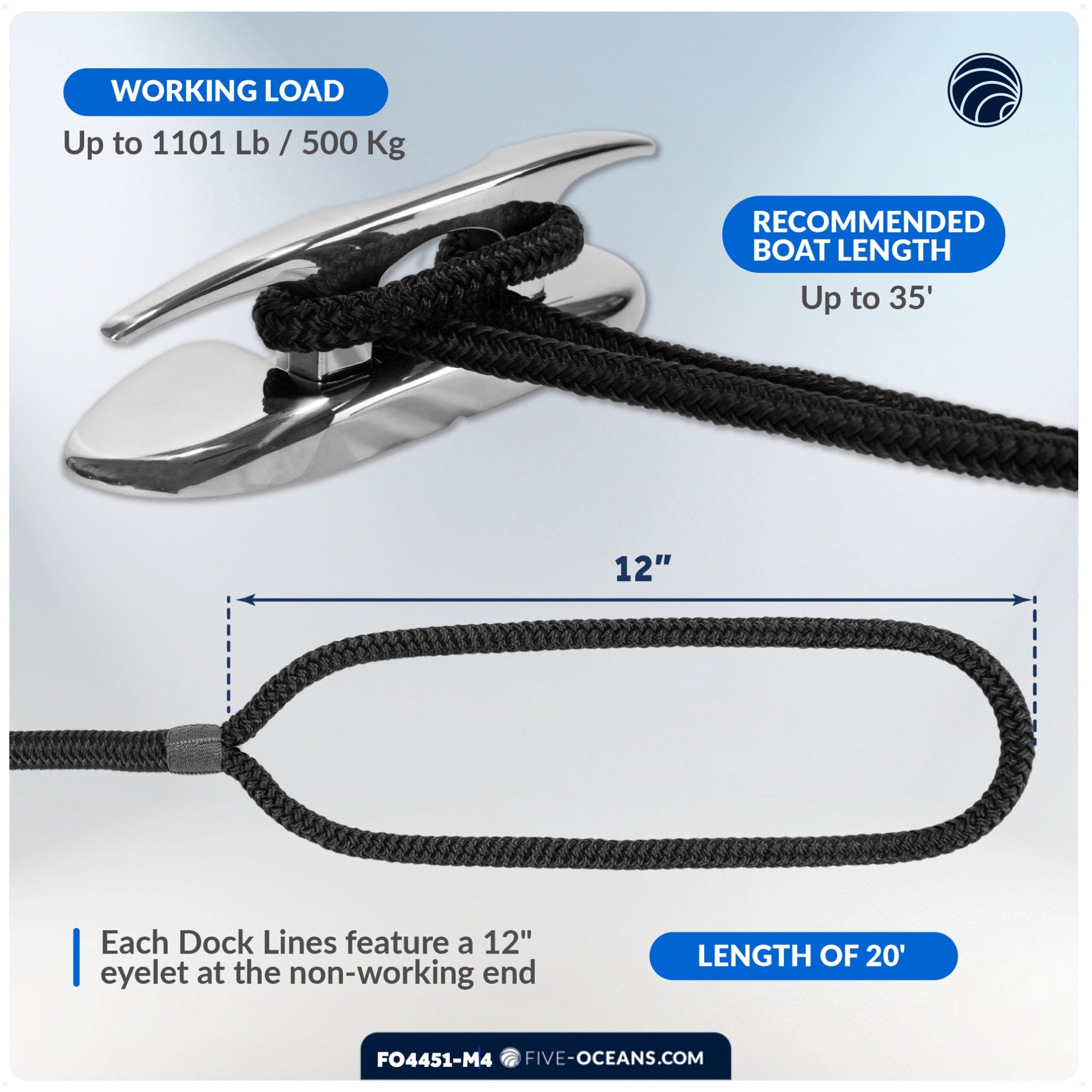 Dock Lines, 1/2" x 20', Black Nylon Double Braided with 12" Eyelet, 4-Pack - FO4451-M4 - Five Oceans
