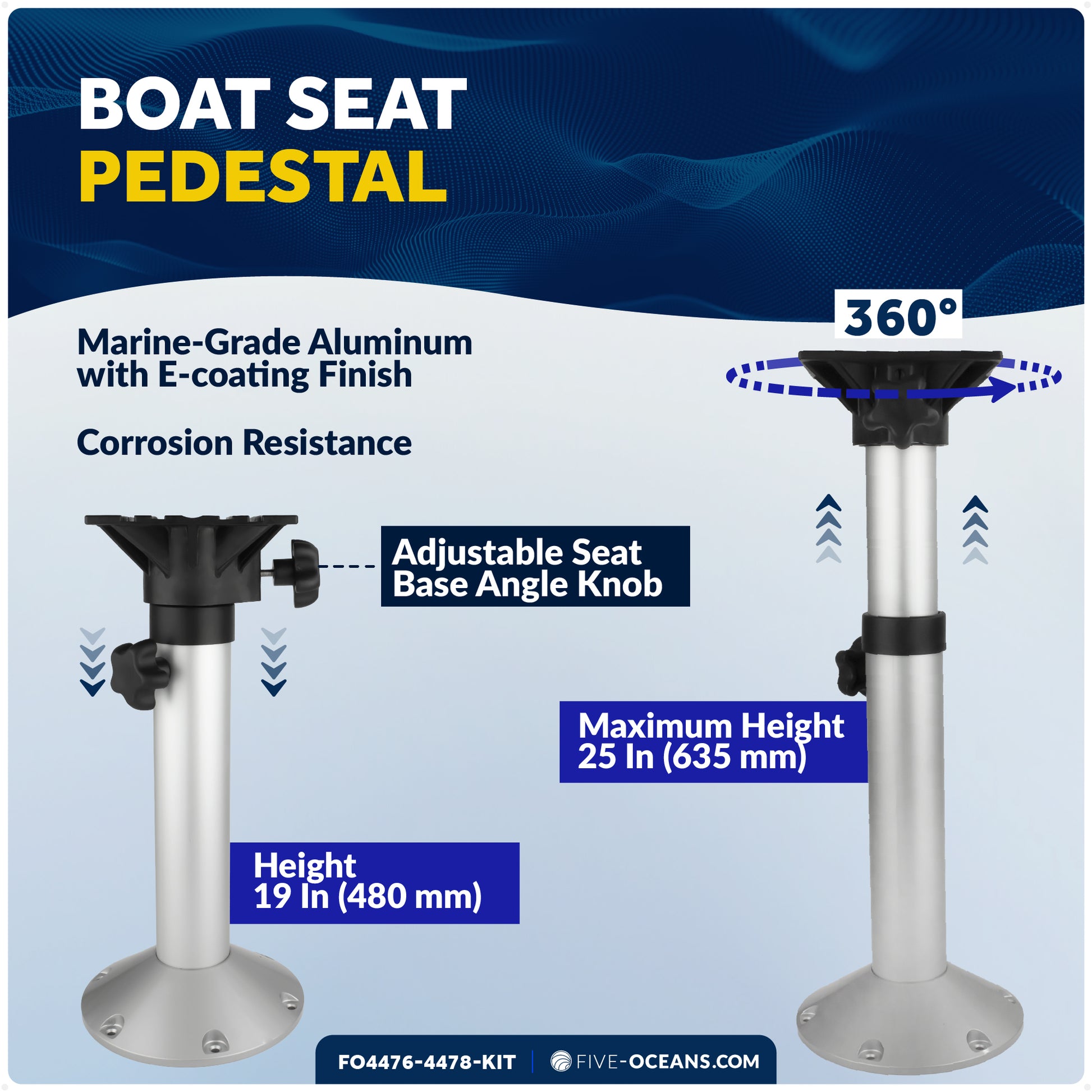 Adjustable Boat Seat Pedestal and Slide Set, Height Adjustment 19" to 25" & Locking Slide Mechanism - FO4476-4478-KIT - Five Oceans
