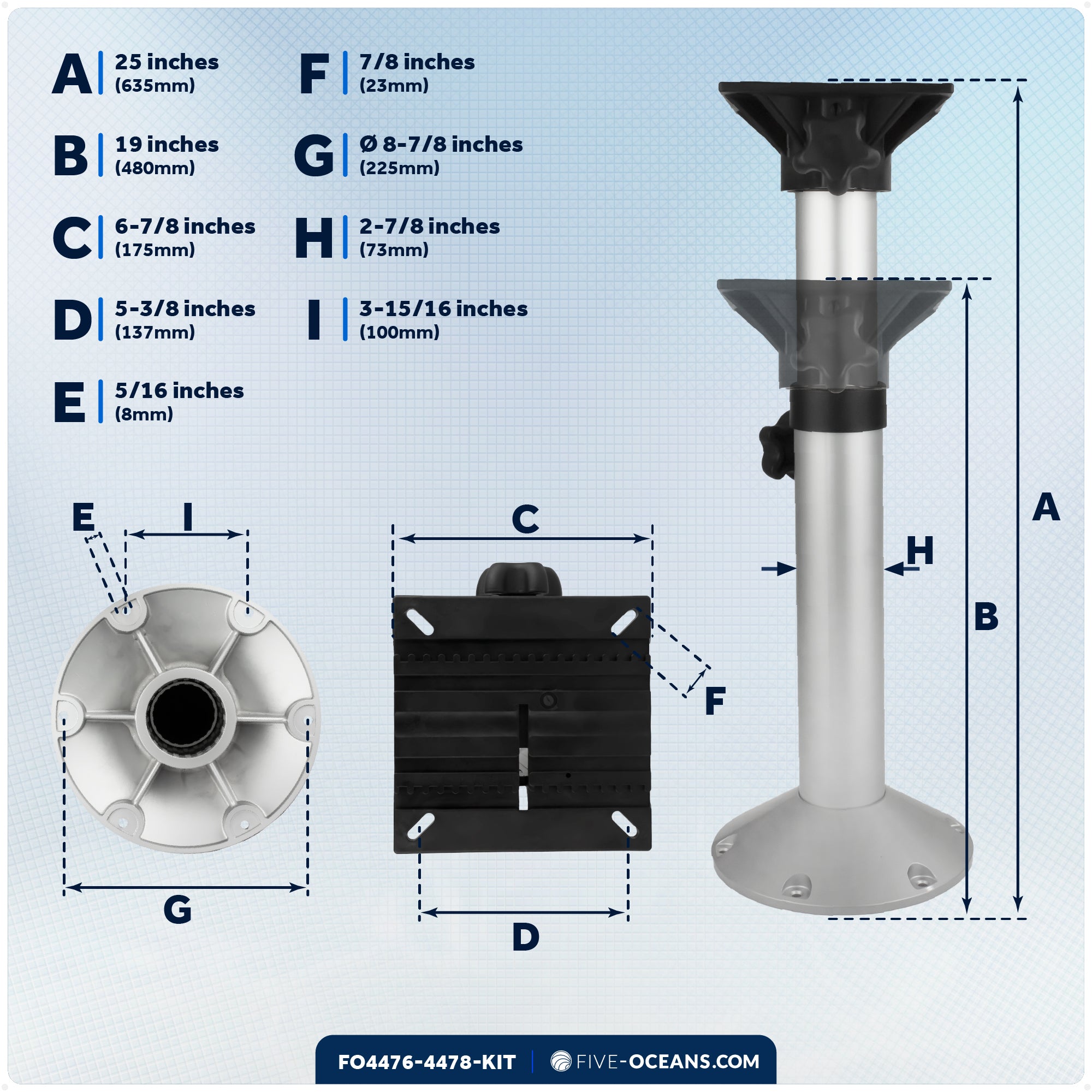 Adjustable Boat Seat Pedestal and Slide Set, Height Adjustment 19" to 25" & Locking Slide Mechanism - FO4476-4478-KIT - Five Oceans