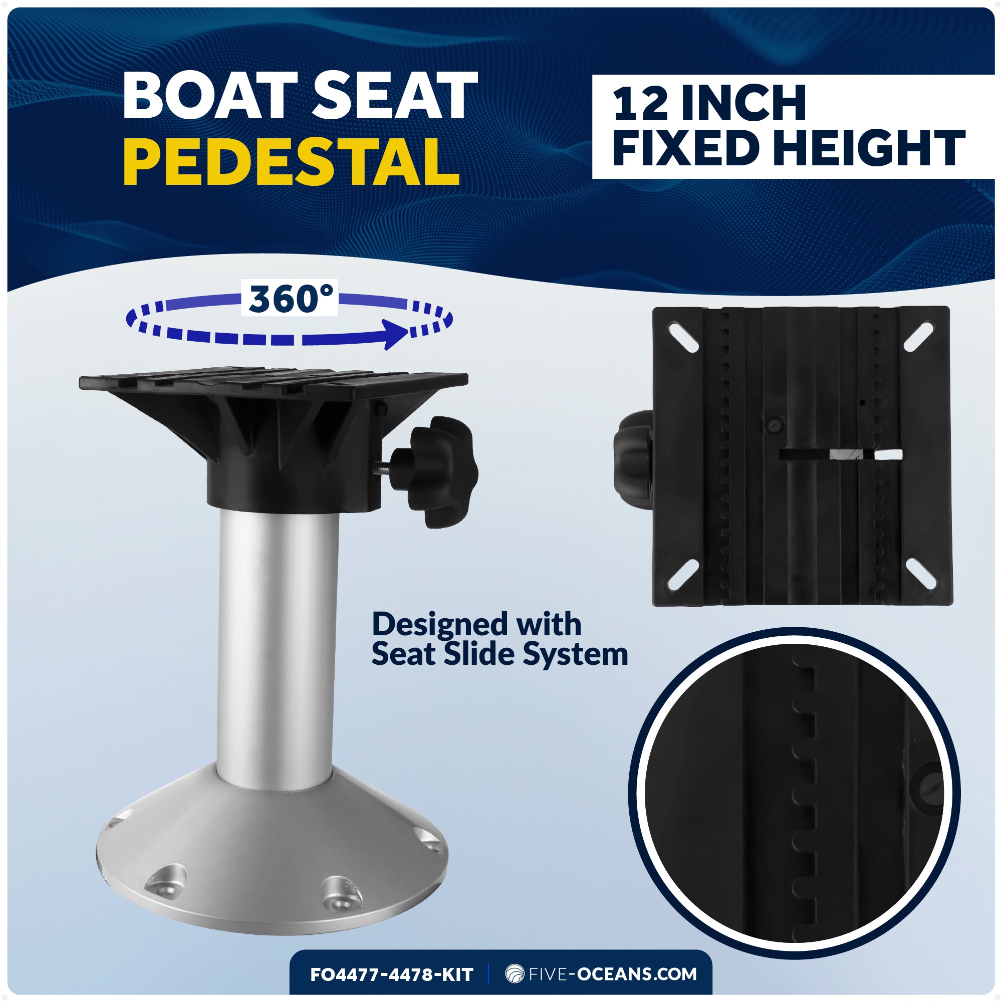 Boat Seat Pedestal and Slide Set, 12" Fixed Height & Locking Slide Mechanism - FO4477-4478-KIT - Five Oceans