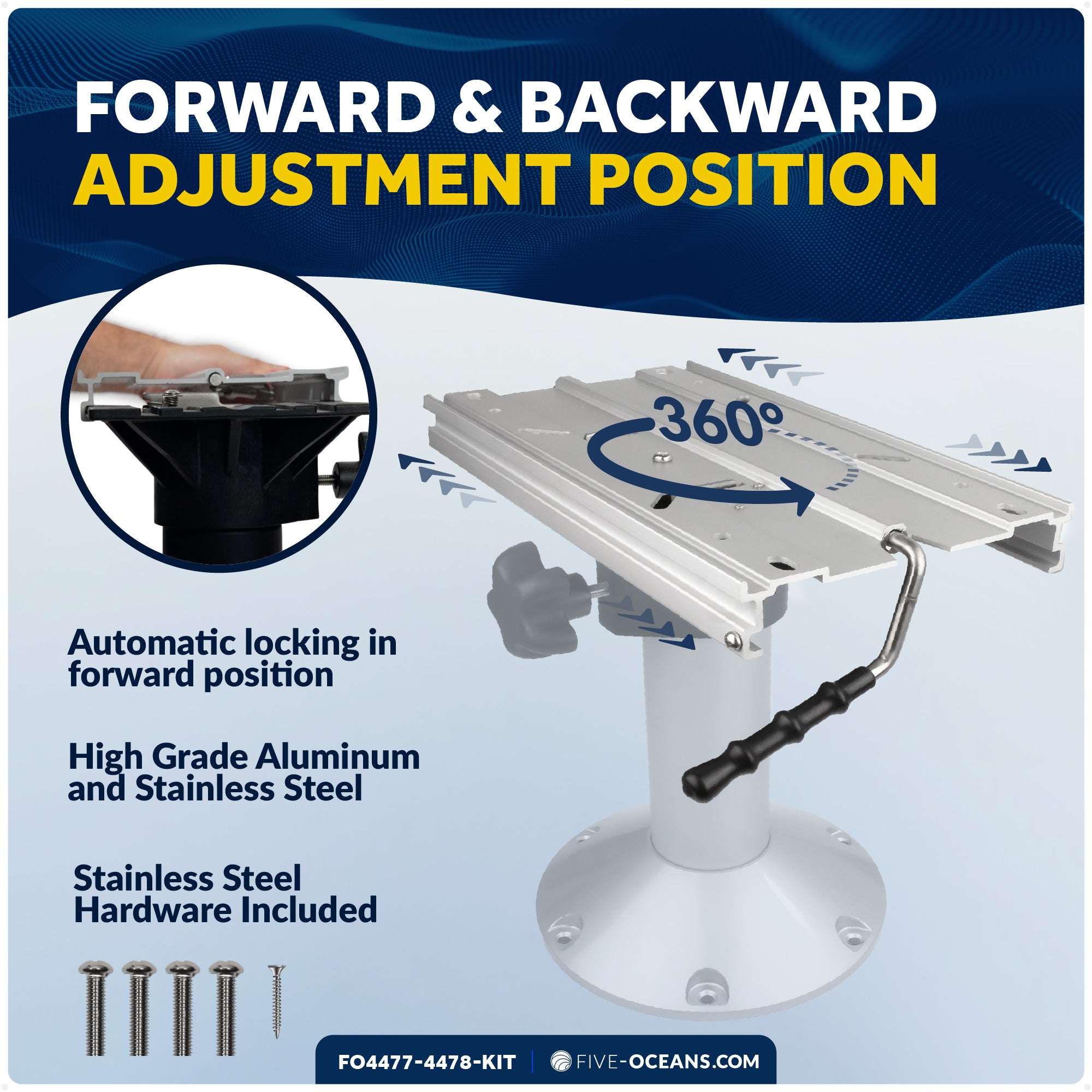 Boat Seat Pedestal and Slide Set, 12" Fixed Height & Locking Slide Mechanism - FO4477-4478-KIT - Five Oceans