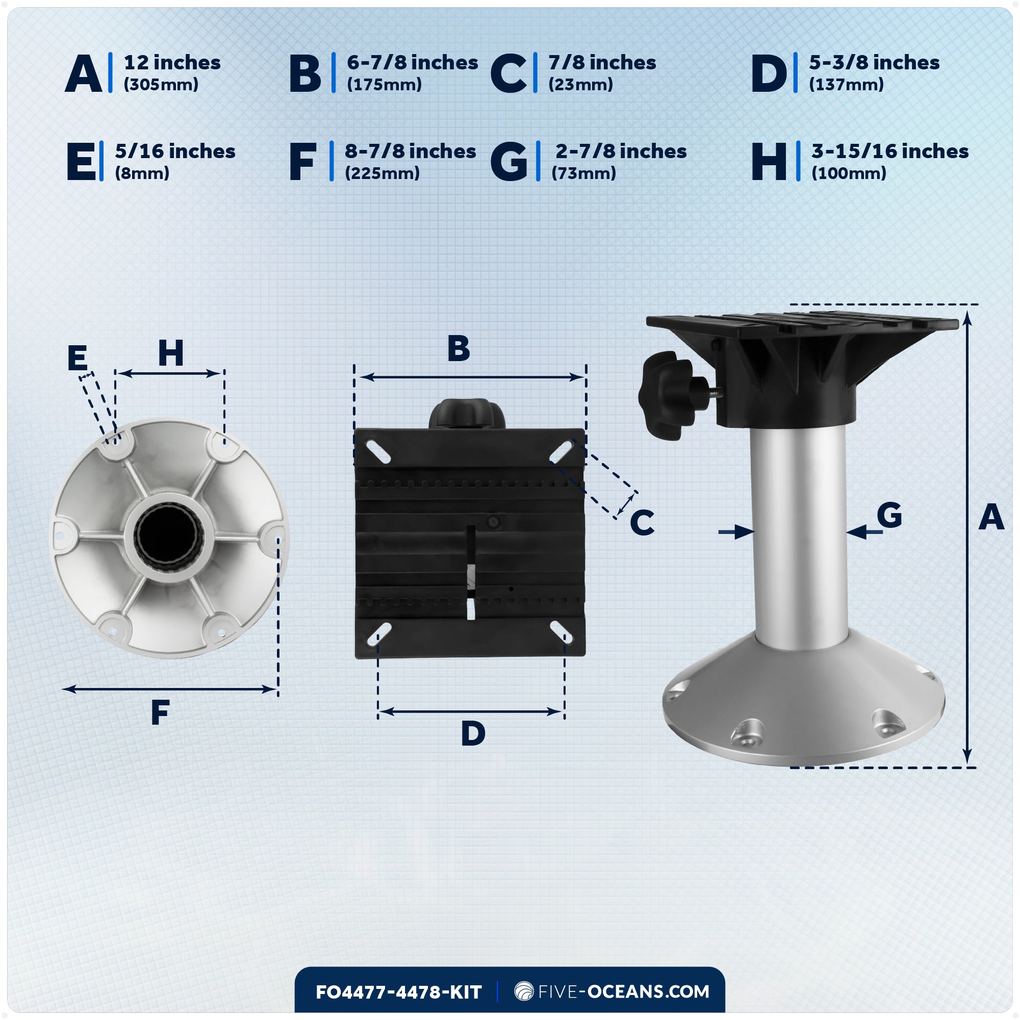 Boat Seat Pedestal and Slide Set, 12" Fixed Height & Locking Slide Mechanism - FO4477-4478-KIT - Five Oceans