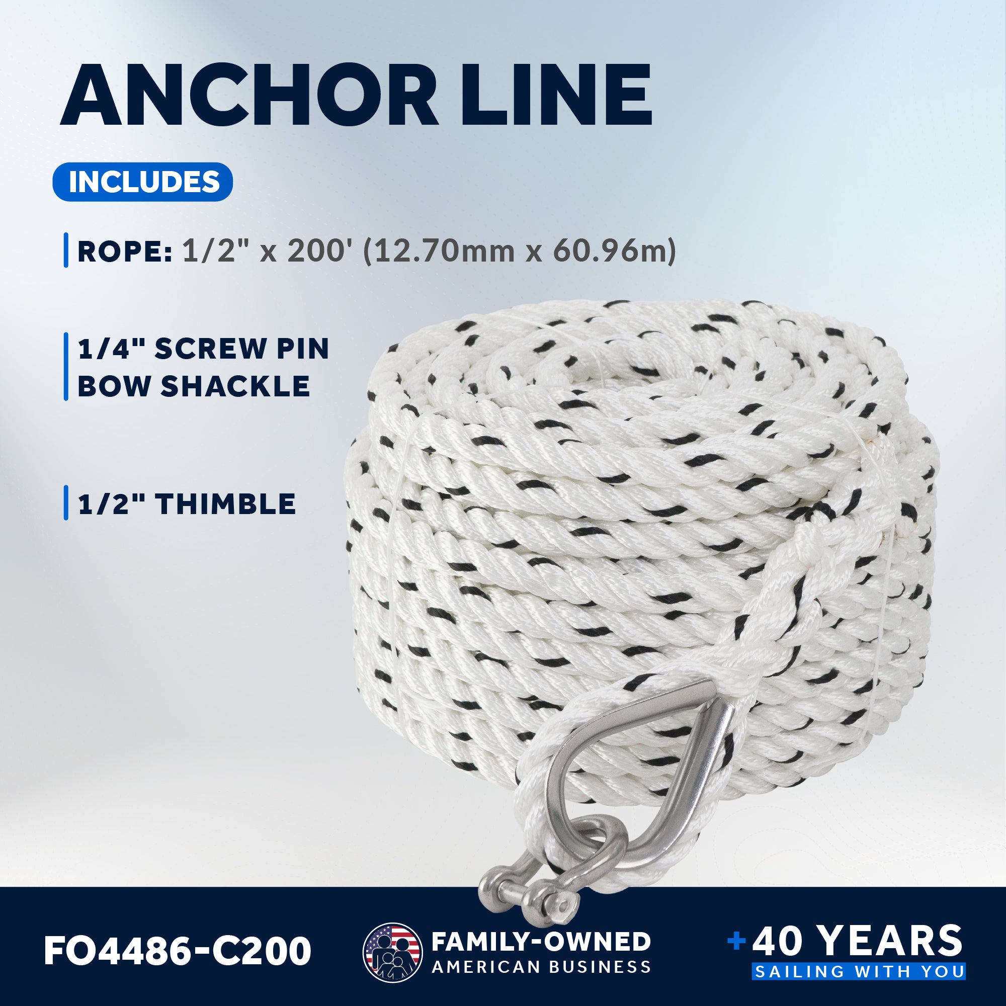 Anchor Line 1/2" x 200', 3-Strand Nylon, Spliced - FO4486-C200