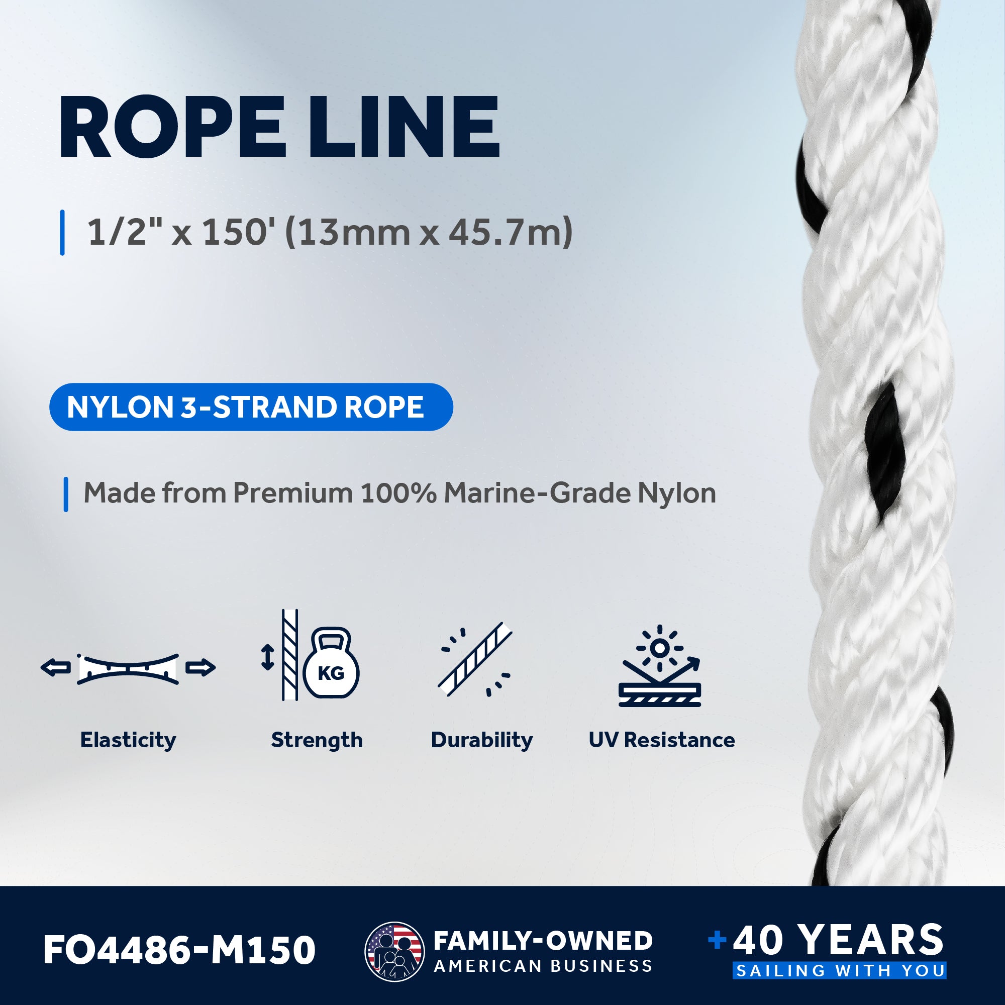 Boat Anchor Rope 1/2" x 150', 3-Strand Nylon - FO4486-M150