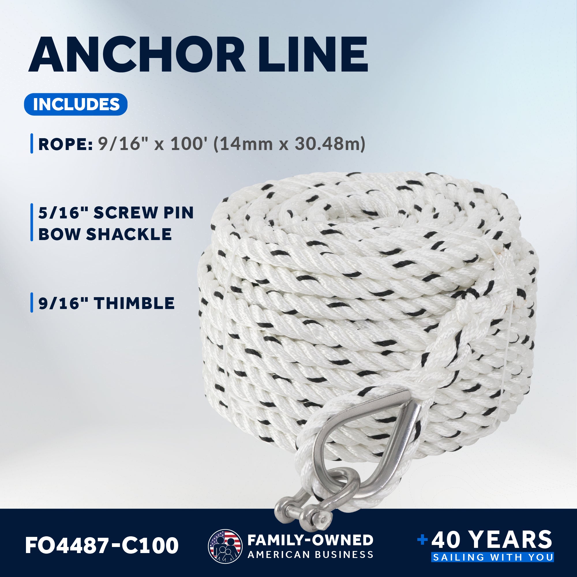Anchor Line 9/16" x 100', 3-Strand Nylon, Spliced - FO4487-C100
