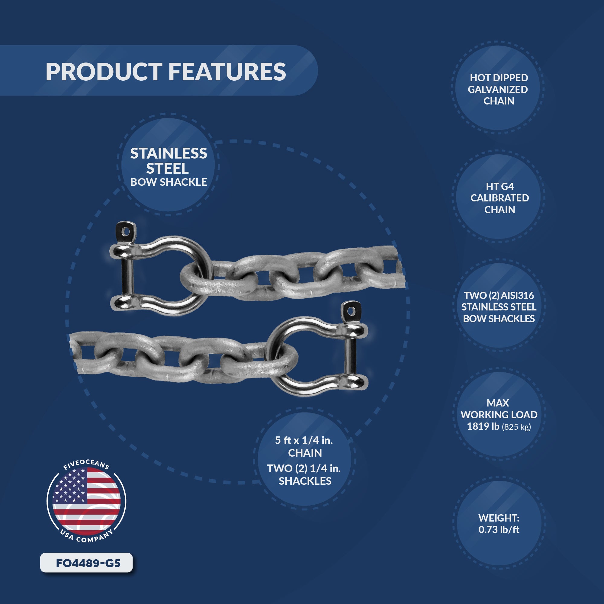 Galvanized Anchor Chain, 1/4" x 5' with 2 Shackles Link End, HT G4 High Test - FO4489-G5 - Five Oceans