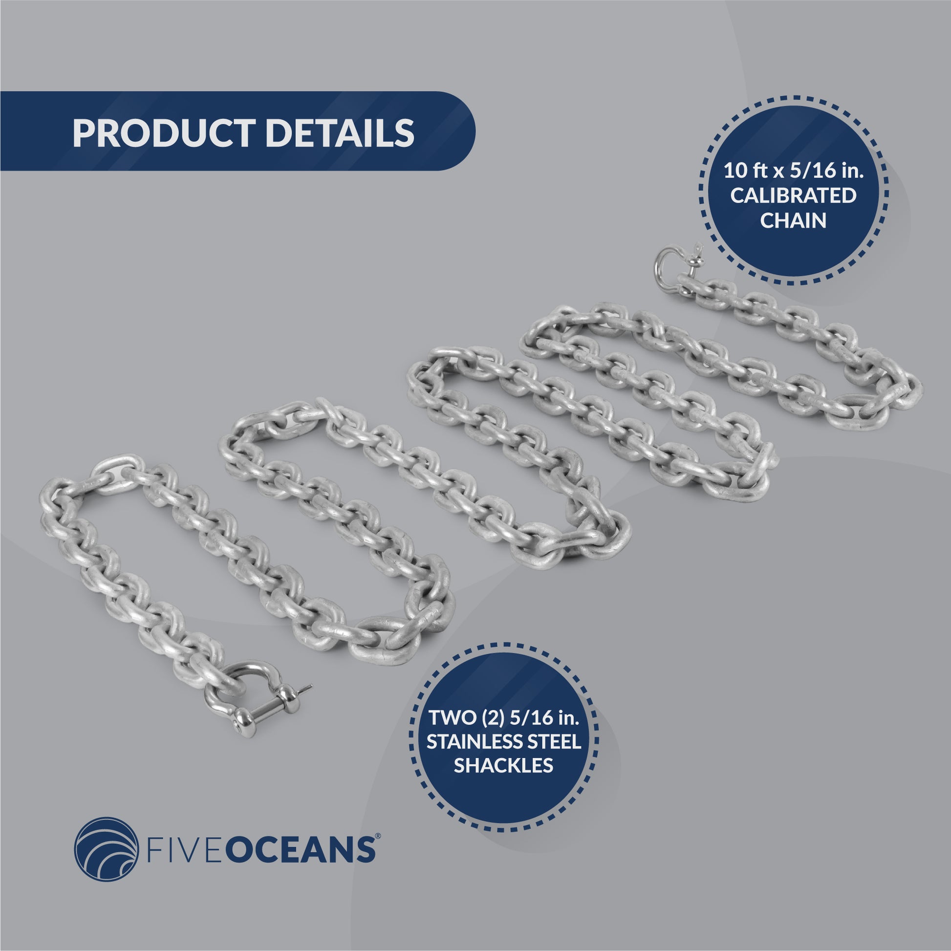 5/16" x 10' Boat Anchor Chain with 2 Stainless Steel Shackles, G4 High Test Galvanized Steel Chain - FO4490-G10 - Five Oceans