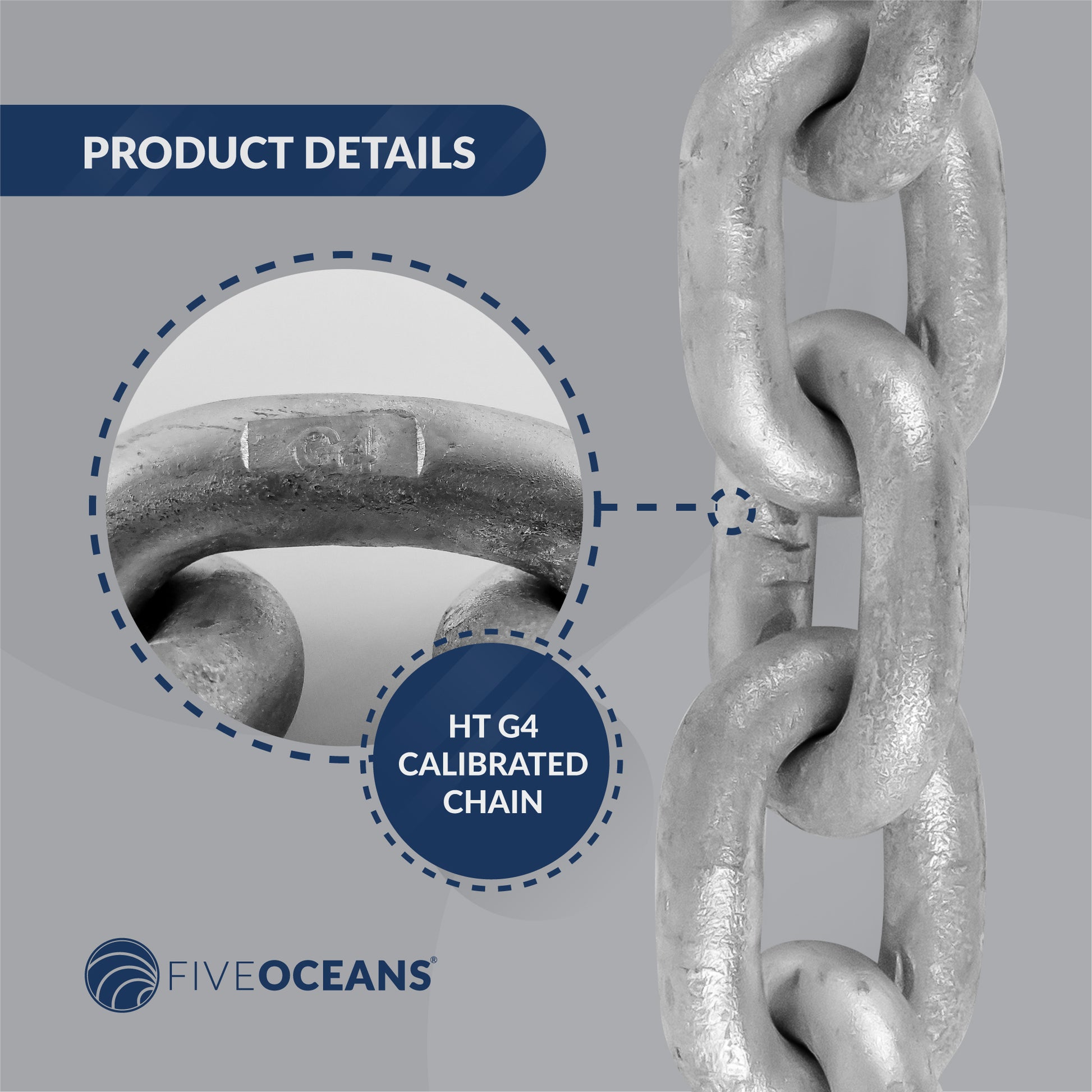 5/16" x 10' Boat Anchor Chain with 2 Stainless Steel Shackles, G4 High Test Galvanized Steel Chain - FO4490-G10 - Five Oceans