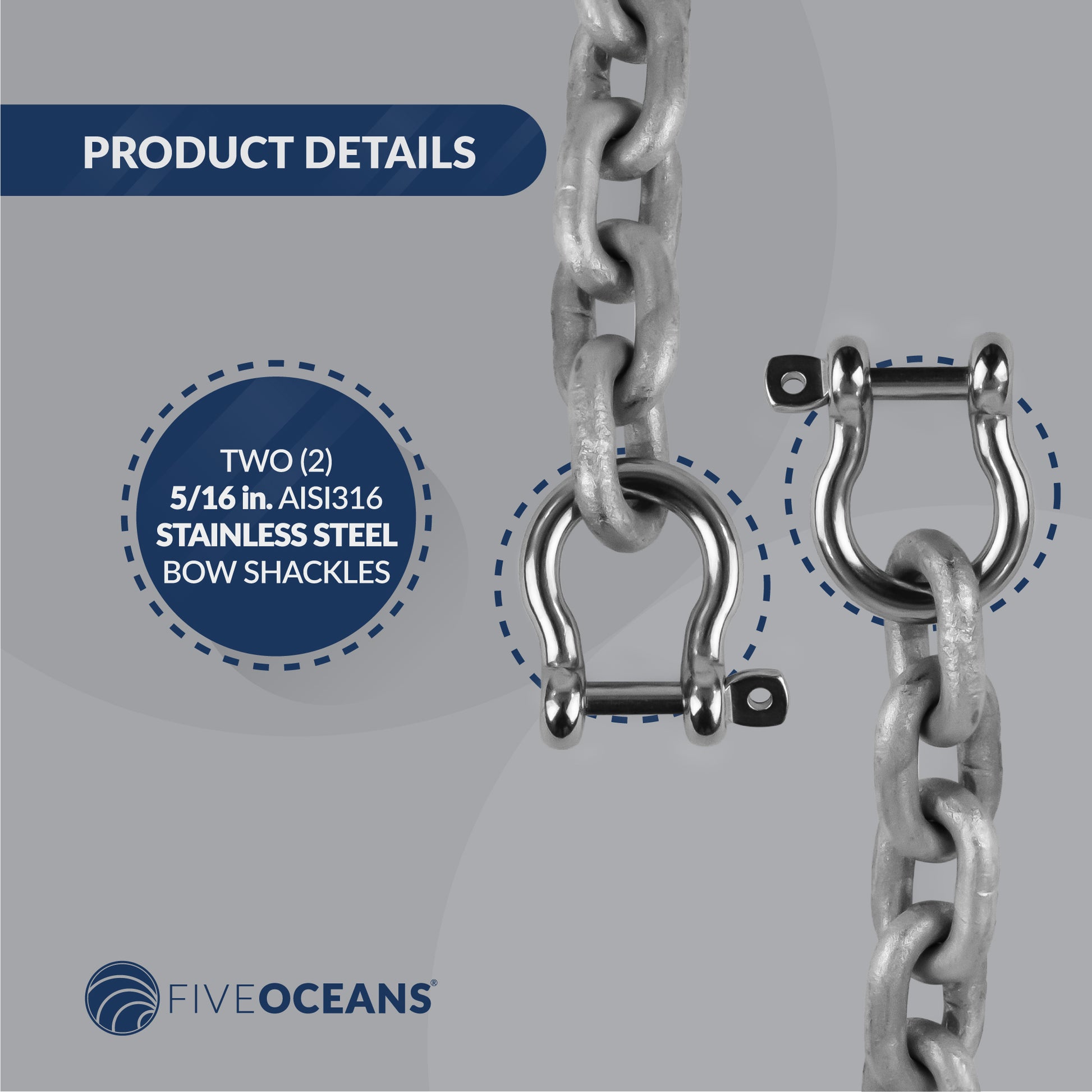 5/16" x 10' Boat Anchor Chain with 2 Stainless Steel Shackles, G4 High Test Galvanized Steel Chain - FO4490-G10 - Five Oceans