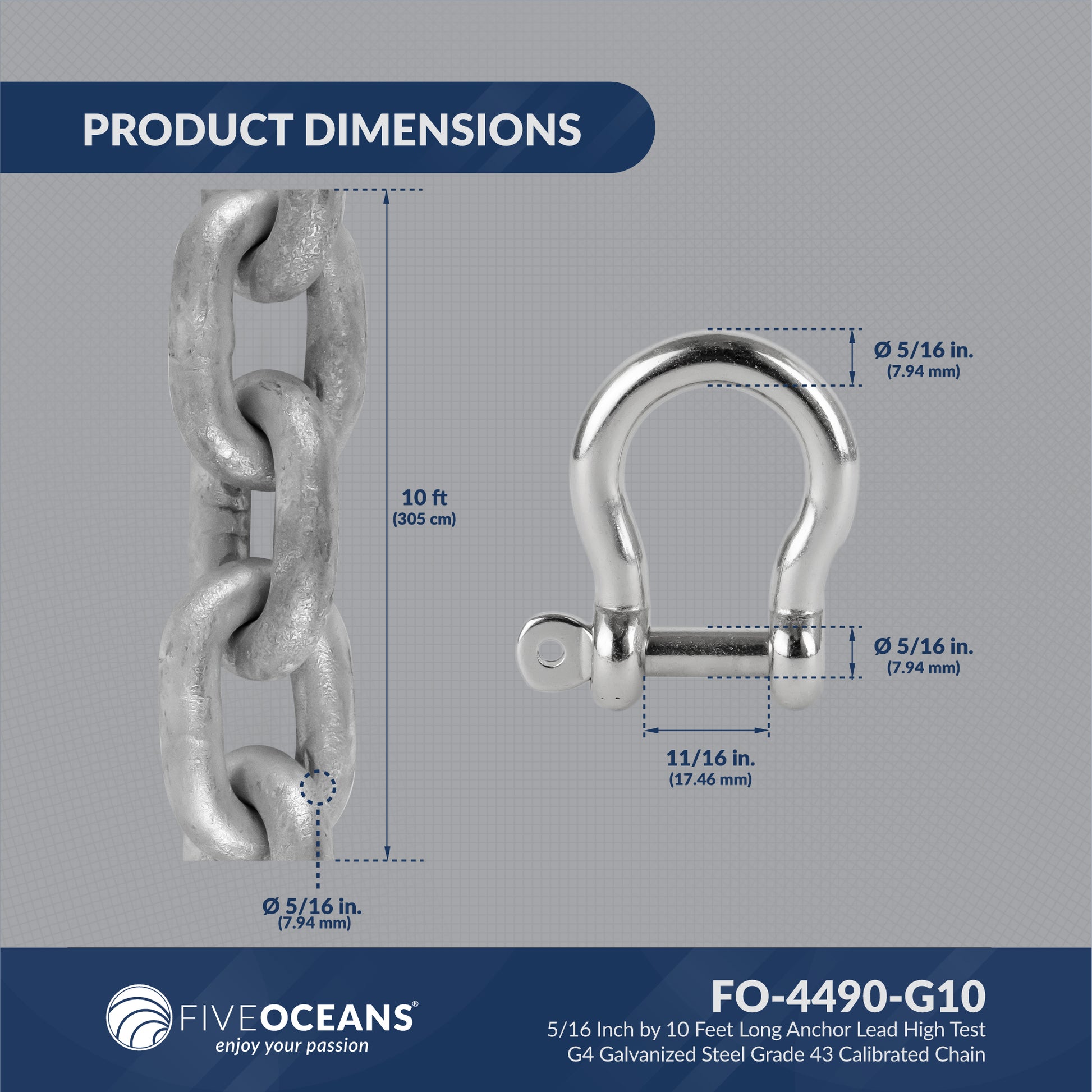 5/16" x 10' Boat Anchor Chain with 2 Stainless Steel Shackles, G4 High Test Galvanized Steel Chain - FO4490-G10 - Five Oceans