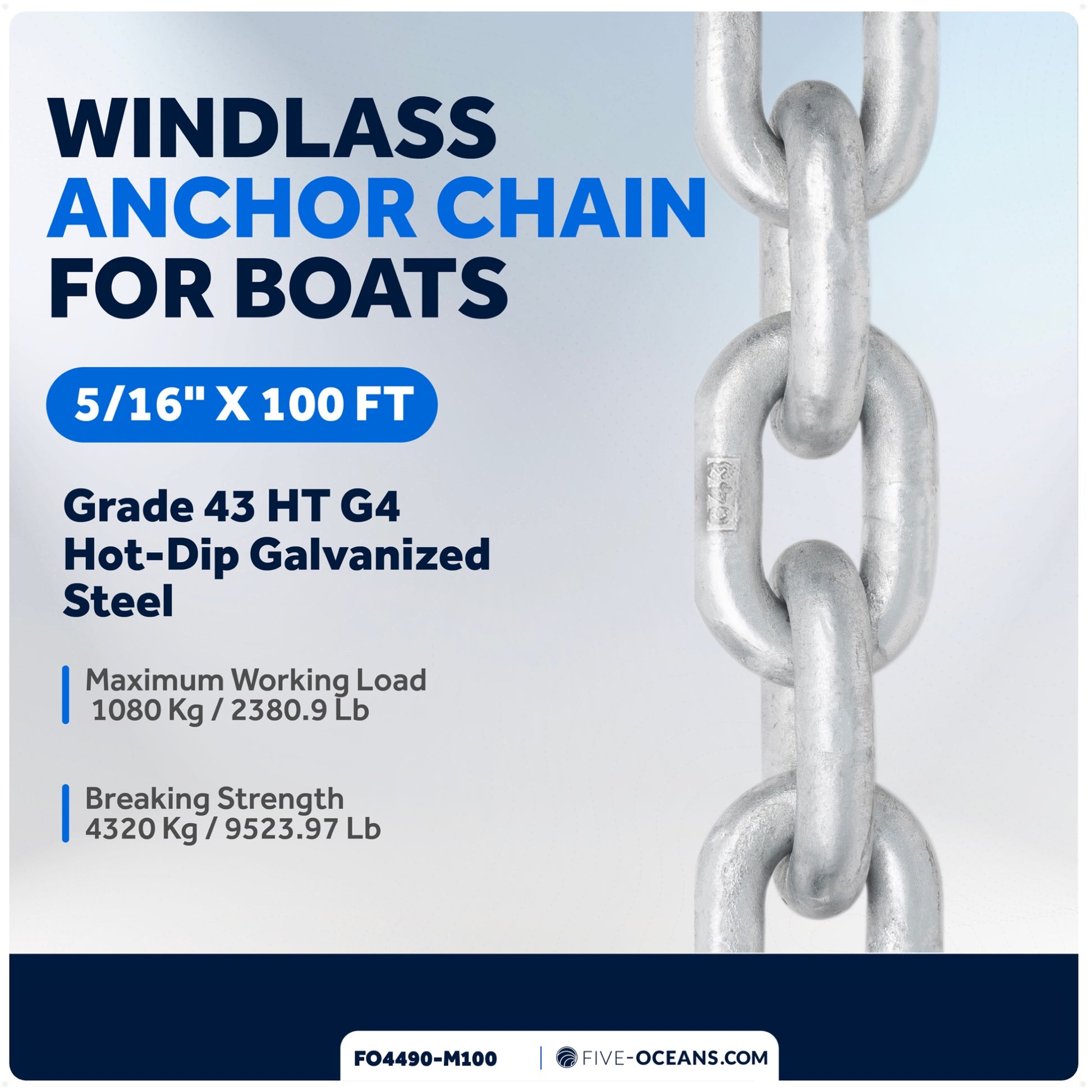 5/16" x 100'  Windlass Boat Anchor Chain HT G4 Galvanized Steel - FO4490-M100 - Five Oceans