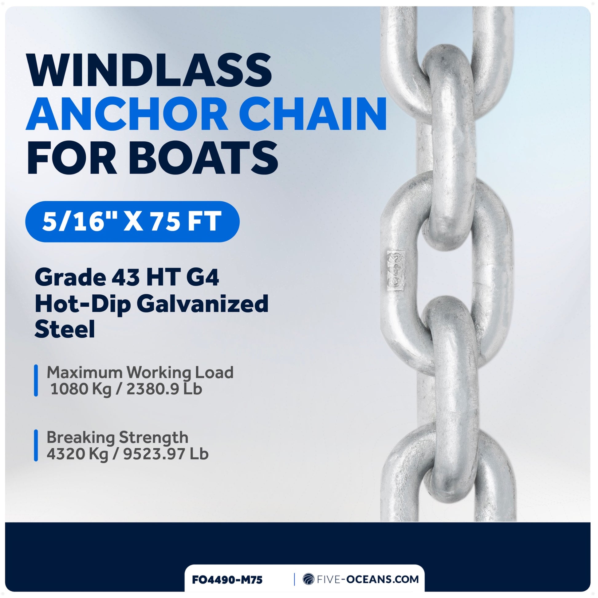 5/16" x 75' Windlass Boat Anchor Chain HT G4 Galvanized Steel - FO4490-M75 - Five Oceans