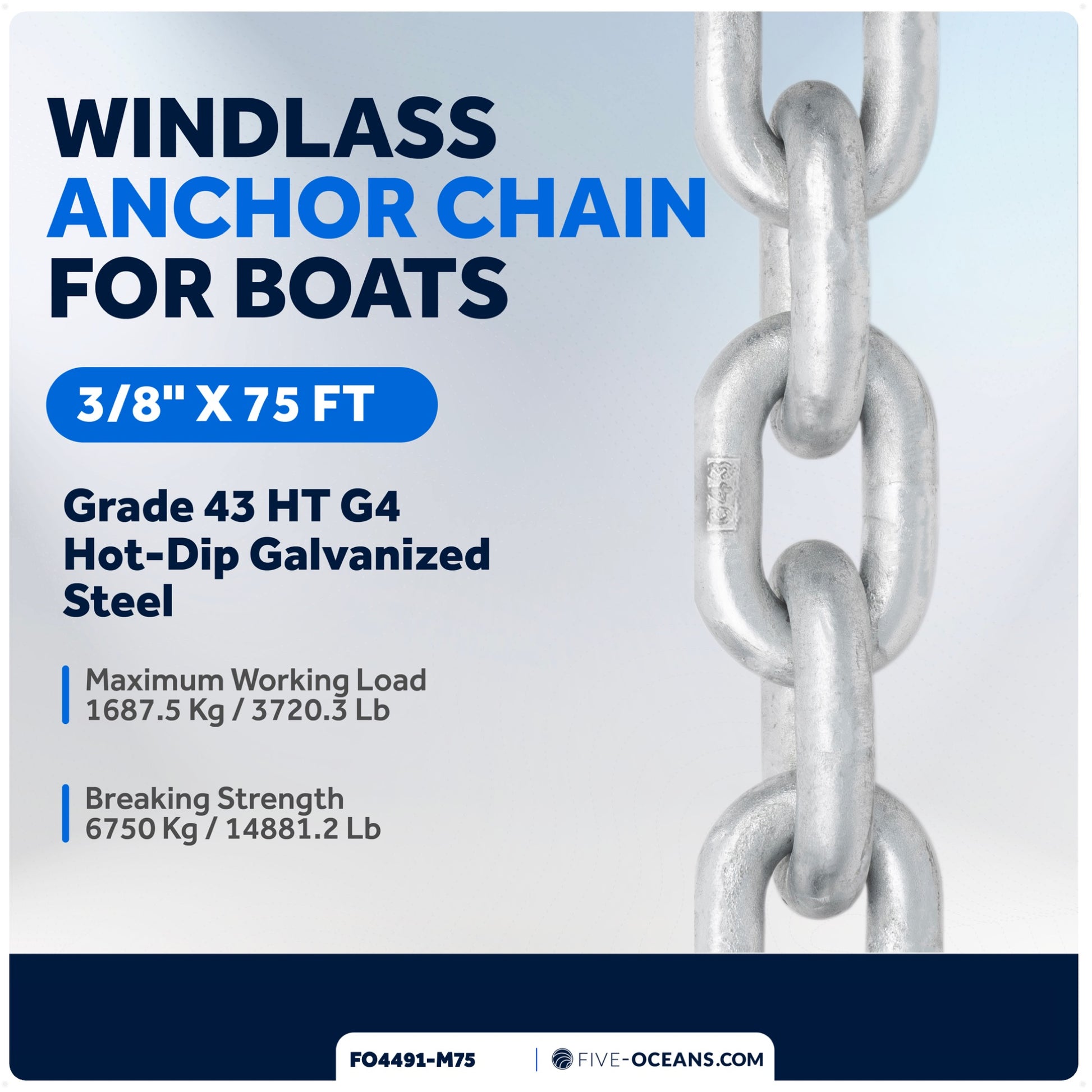 3/8" x 75' Windlass Boat Anchor Chain HT G4 Galvanized Steel - FO4491-M75 - Five Oceans