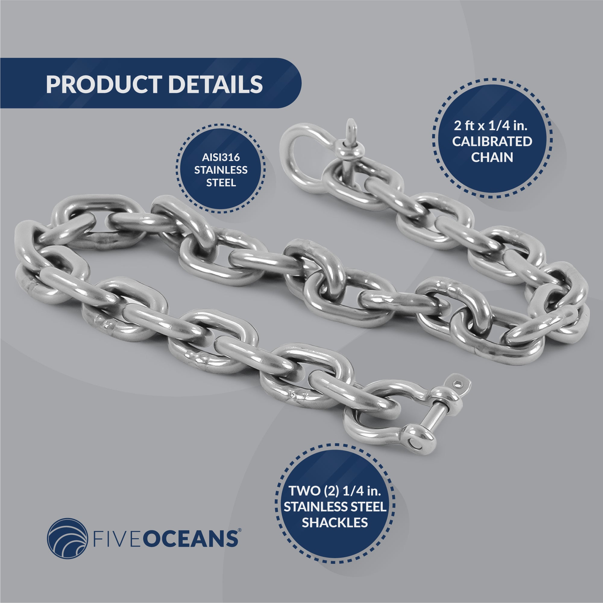 1/4" x 2' Boat Anchor Chain with 2 Stainless Steel Shackles, G4 High Test Stainless Steel Chain - FO4492-S2 - Five Oceans