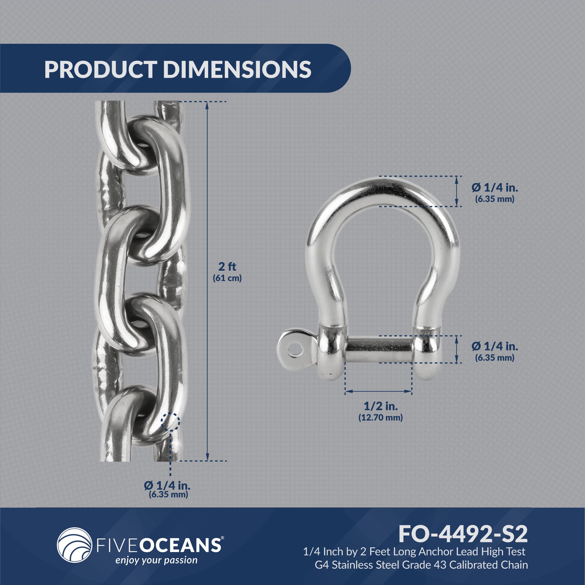 1/4" x 2' Boat Anchor Chain with 2 Stainless Steel Shackles, G4 High Test Stainless Steel Chain - FO4492-S2 - Five Oceans