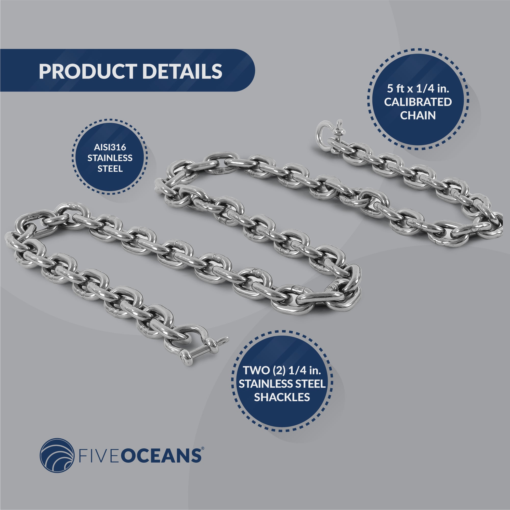 1/4" x 5' Boat Anchor Chain with 2 Stainless Steel Shackles, G4 High Test Stainless Steel Chain - FO4492-S5 - Five Oceans