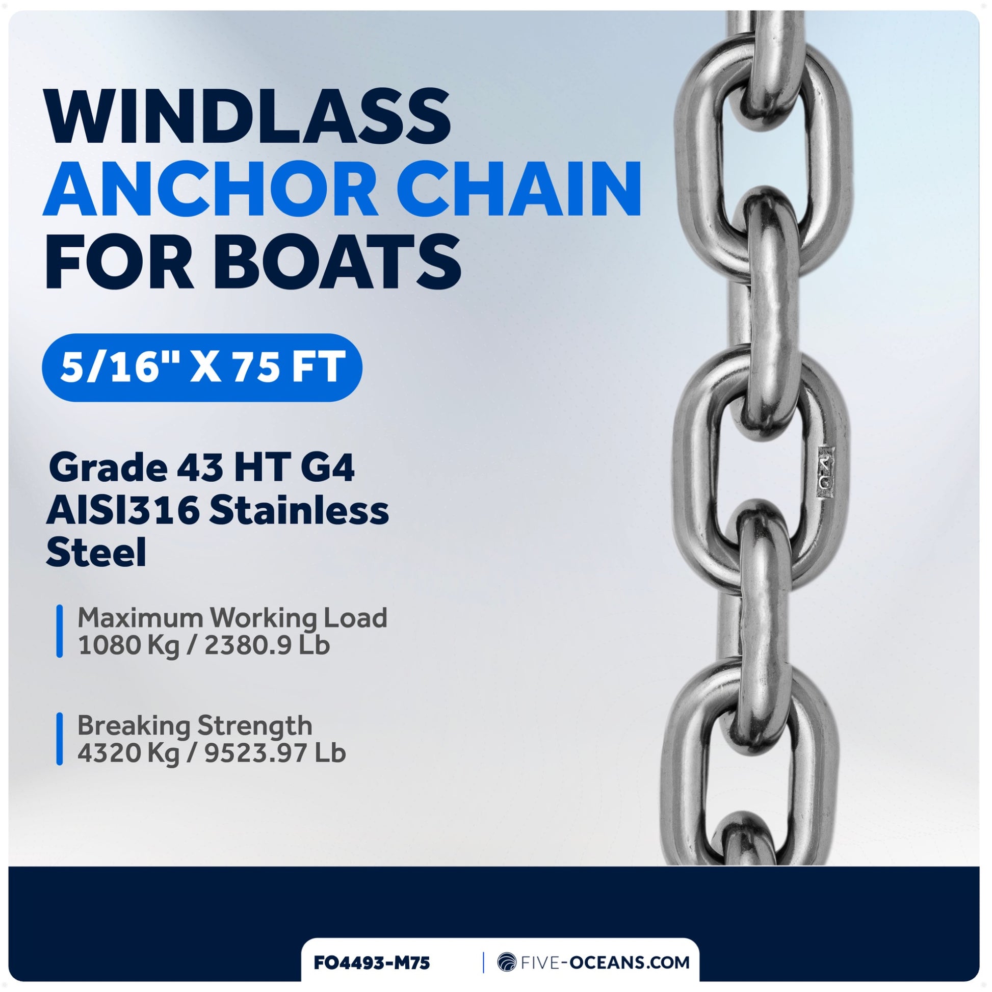 5/16" x 75'  Windlass Boat Anchor Chain HT G4 Stainless Steel - FO4493-M75 - Five Oceans