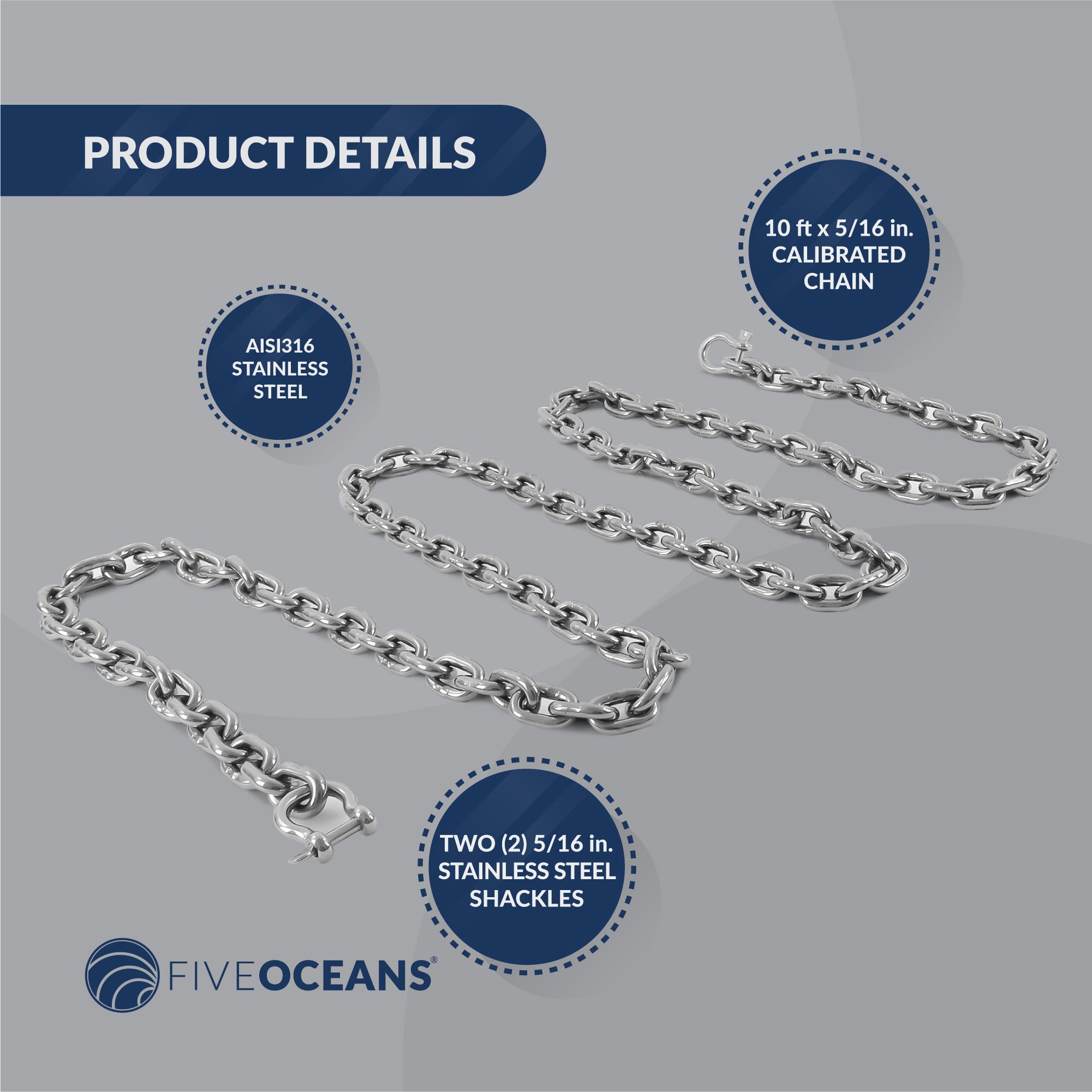 5/16" x 10' Boat Anchor Chain with 2 Stainless Steel Shackles, G4 High Test Stainless Steel Chain - FO4493-S10 - Five Oceans