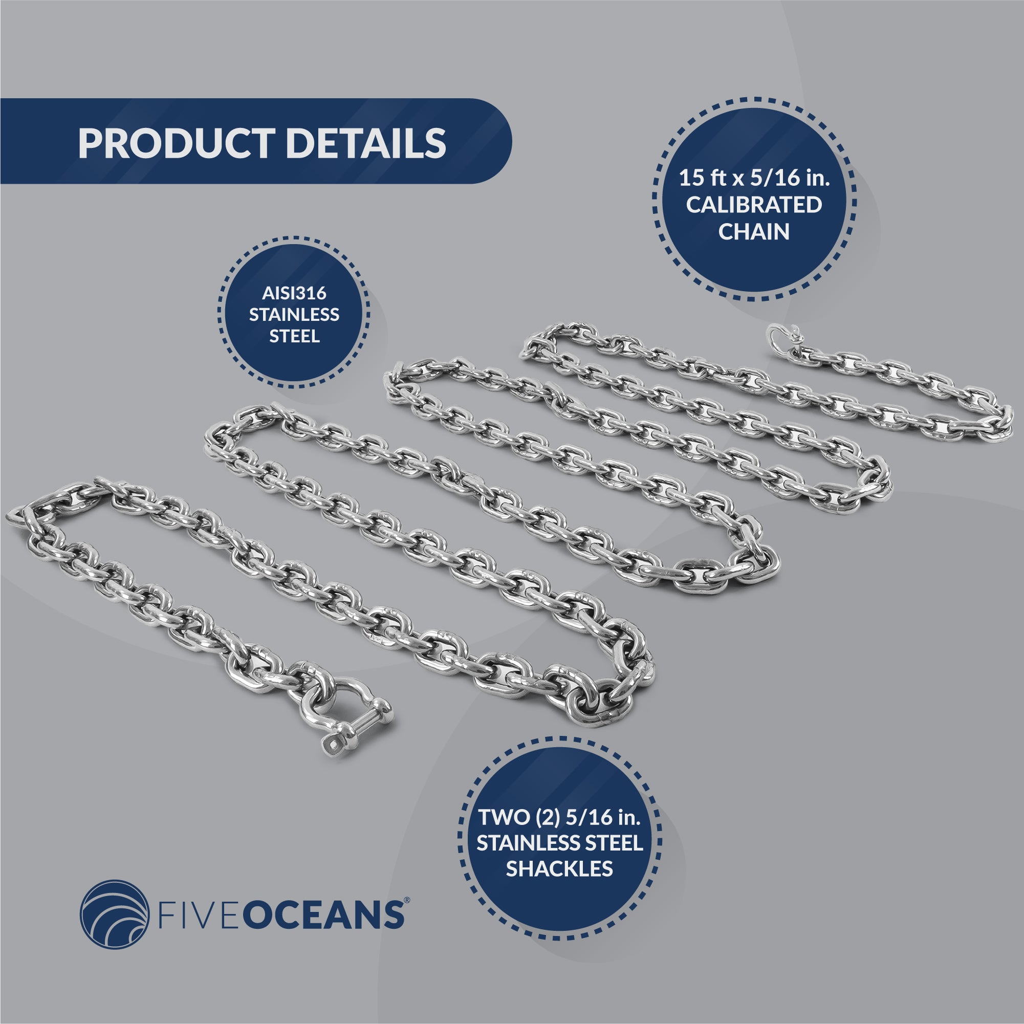 5/16" x 15' Boat Anchor Chain with 2 Stainless Steel Shackles, G4 High Test Stainless Steel Chain - FO4493-S15 - Five Oceans