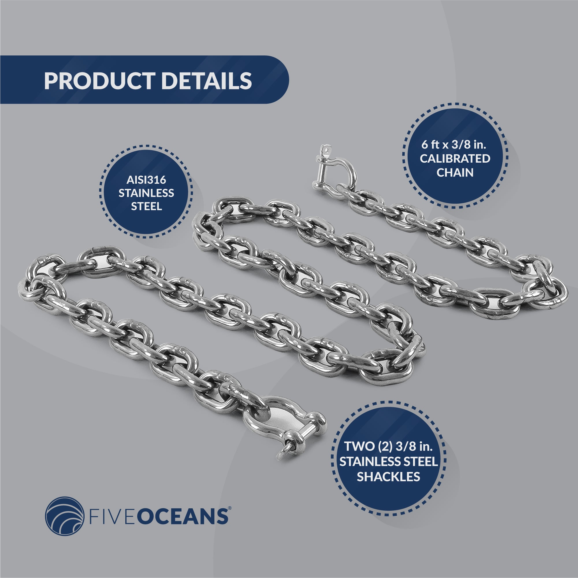 3/8" x 6' Boat Anchor Chain with 2 Stainless Steel Shackles, G4 High Test Stainless Steel Chain - FO4494-S6 - Five Oceans