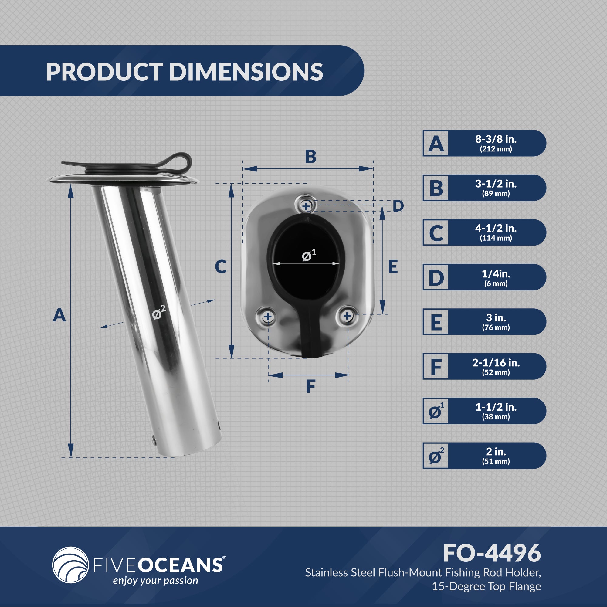Stainless Steel Flush-Mount Fishing Rod Holder, 15-Degree Top Flange, PVC Tube Inside with Flip-up Cap, PVC Gasket, Open Base, 2-Pack, FO-4496-M2 - Five Oceans