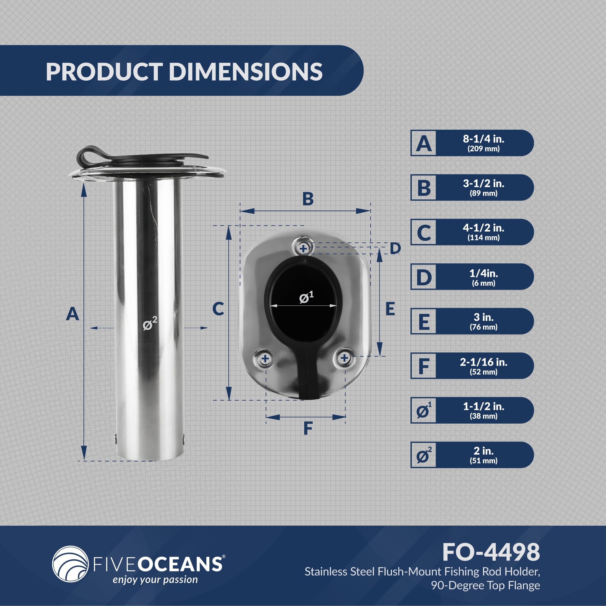 Fishing Rod Holder, 90-Degree Top Flange, Stainless Steel 2-Pack - FO4498-M2 - Five Oceans