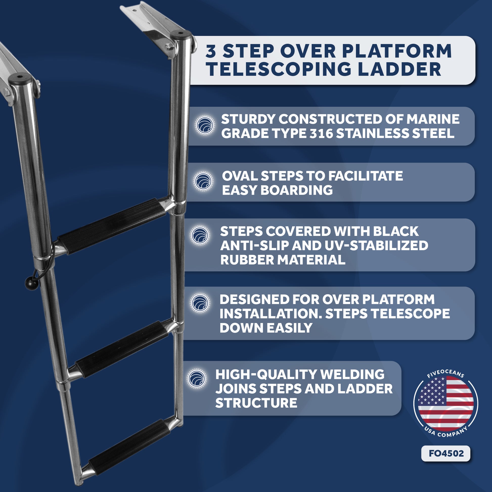 3 Step Boat Over Platform Telescoping Ladder, Stainless Steel - FO4502 - Five Oceans