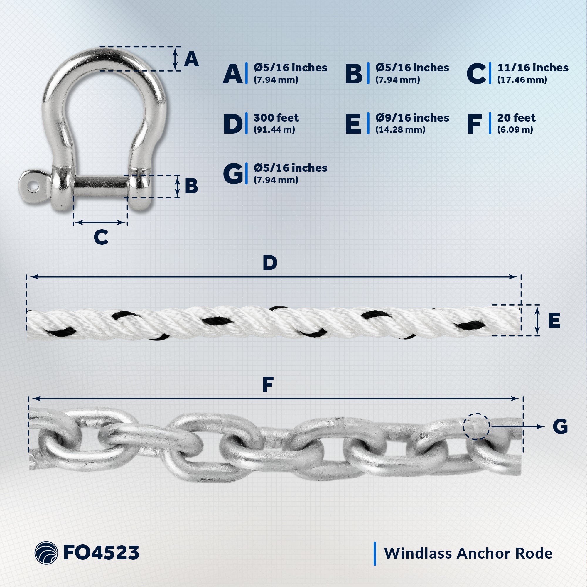 Windlass Anchor Rode, 9/16" x 300' Nylon 3-Strand Rope, 5/16" x 20' G4 Hot-Dipped Galvanized Galvanized Steel Chain - FO4523