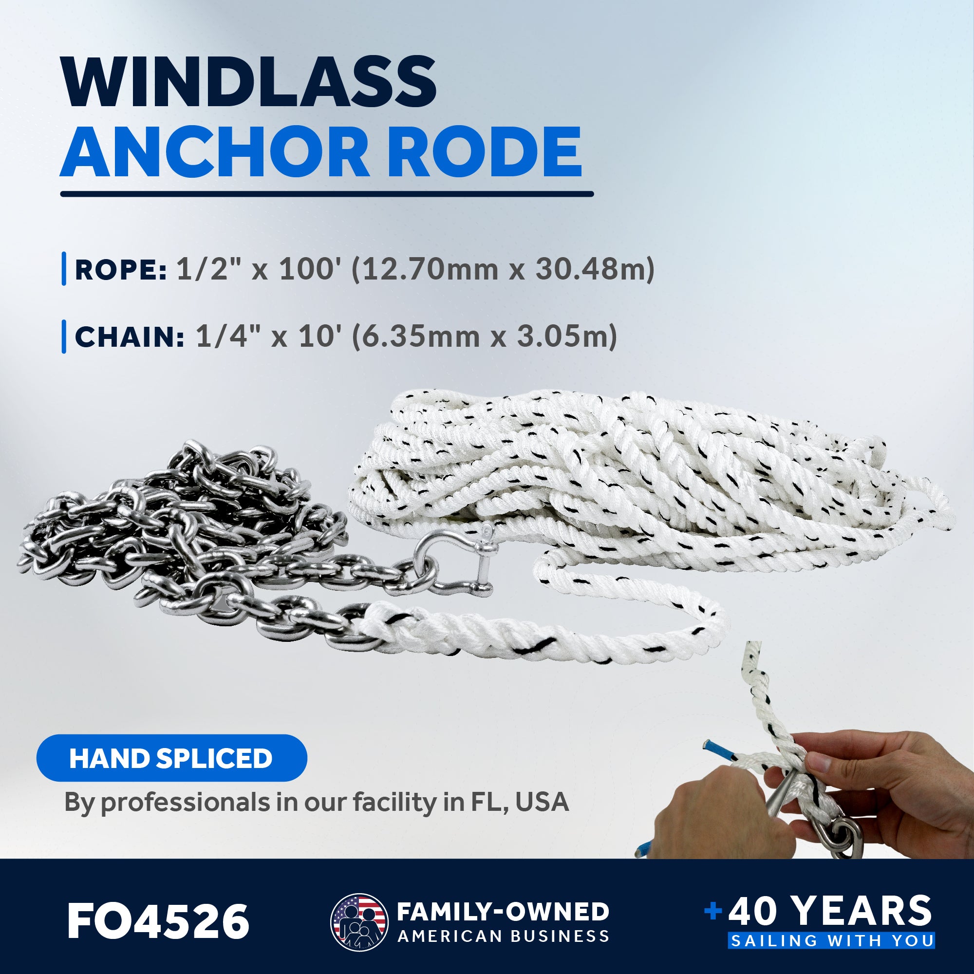 Windlass Anchor Rode, 1/2" x 100' Nylon 3-Strand Rope, 1/4 x 10' G4 Stainless Steel Chain - FO4526