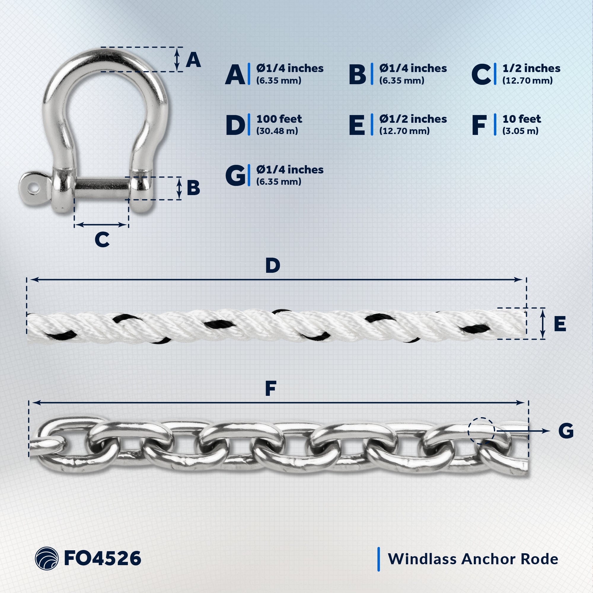 Windlass Anchor Rode, 1/2" x 100' Nylon 3-Strand Rope, 1/4 x 10' G4 Stainless Steel Chain - FO4526