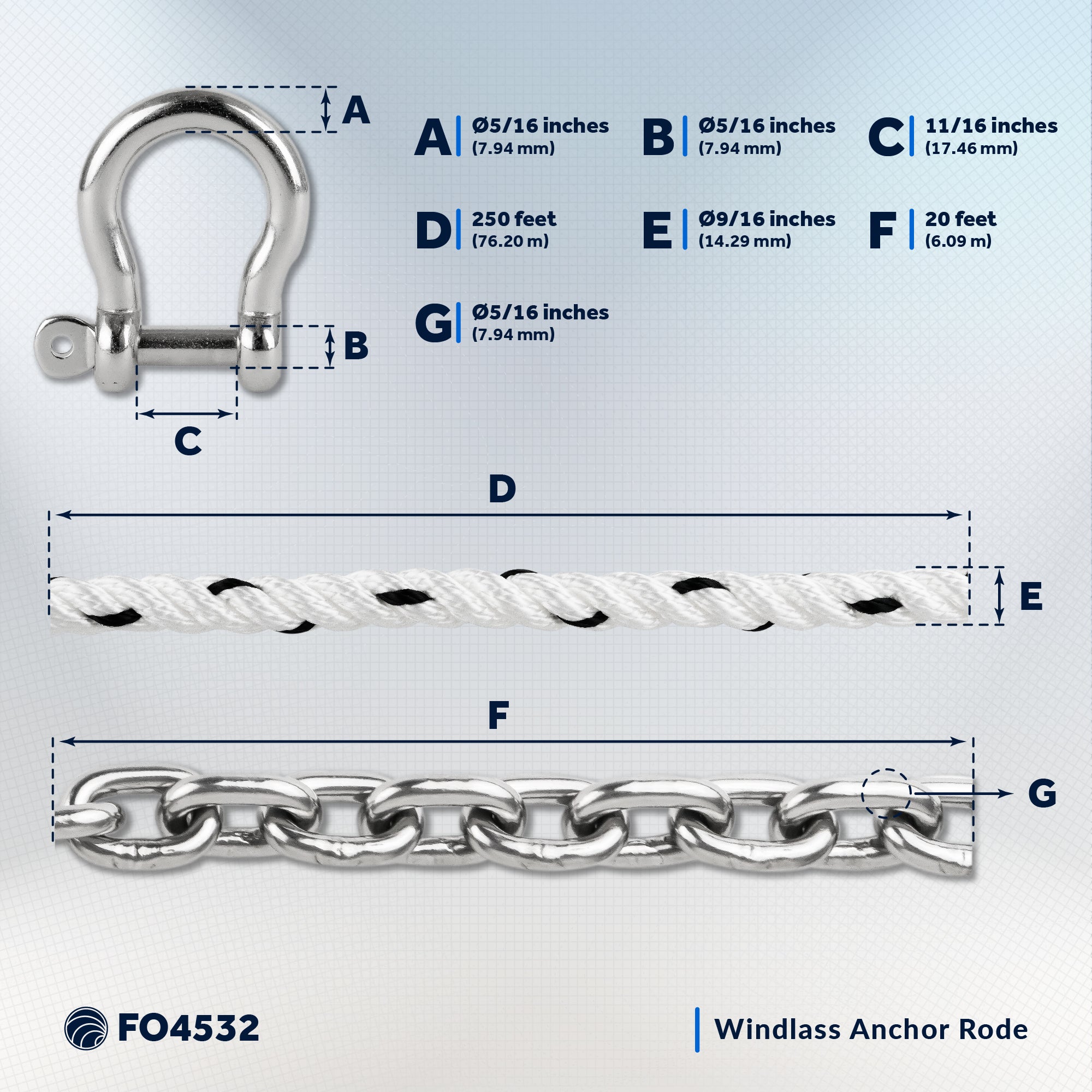 Windlass Anchor Rode, 9/16" x 250' Nylon 3-Strand Rope, 5/16" x 20' G4 Stainless Steel Chain - FO4532