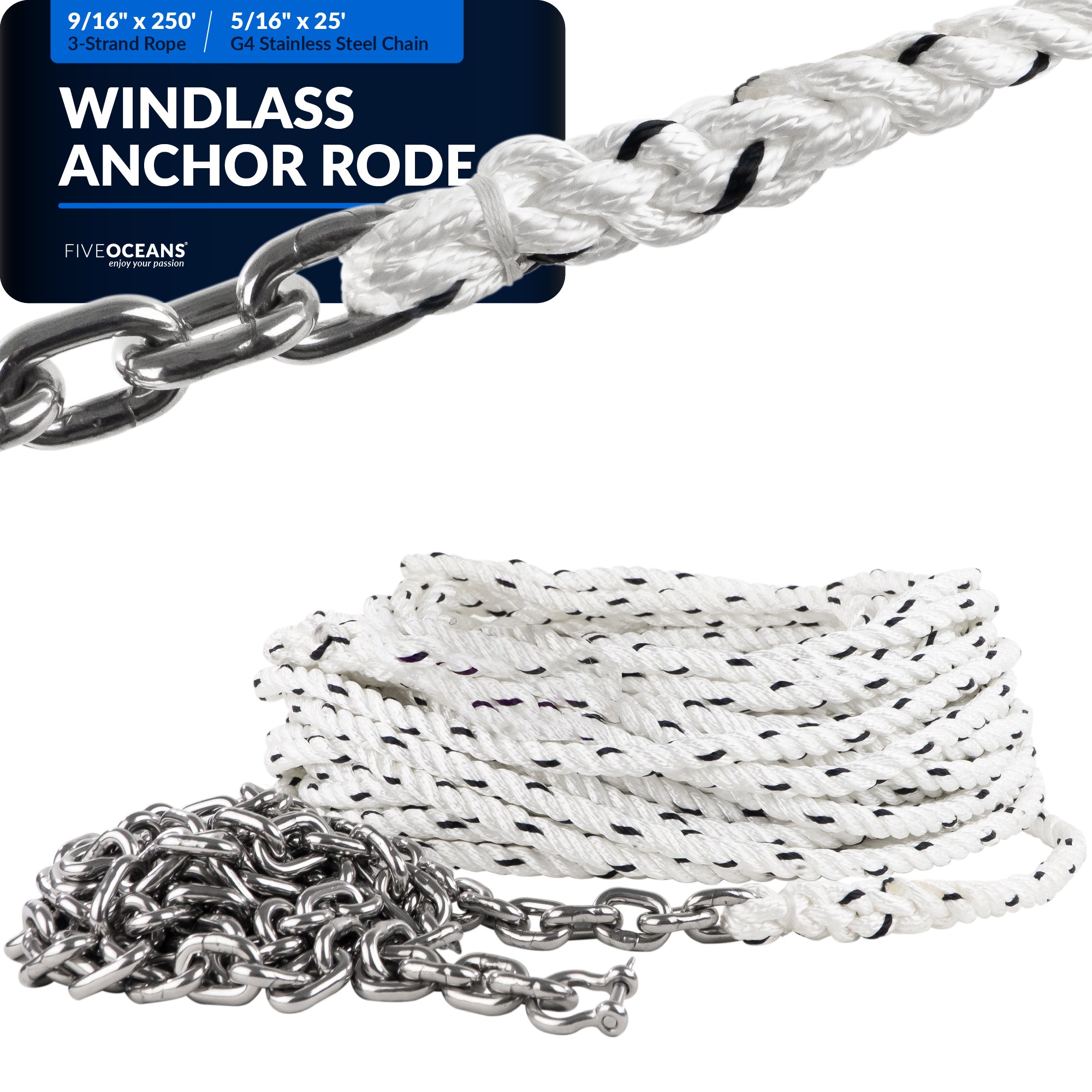 Windlass Anchor Rode, 9/16" x 250' Nylon 3-Strand Rope, 5/16" x 25' G4 Stainless Steel Chain - FO4533