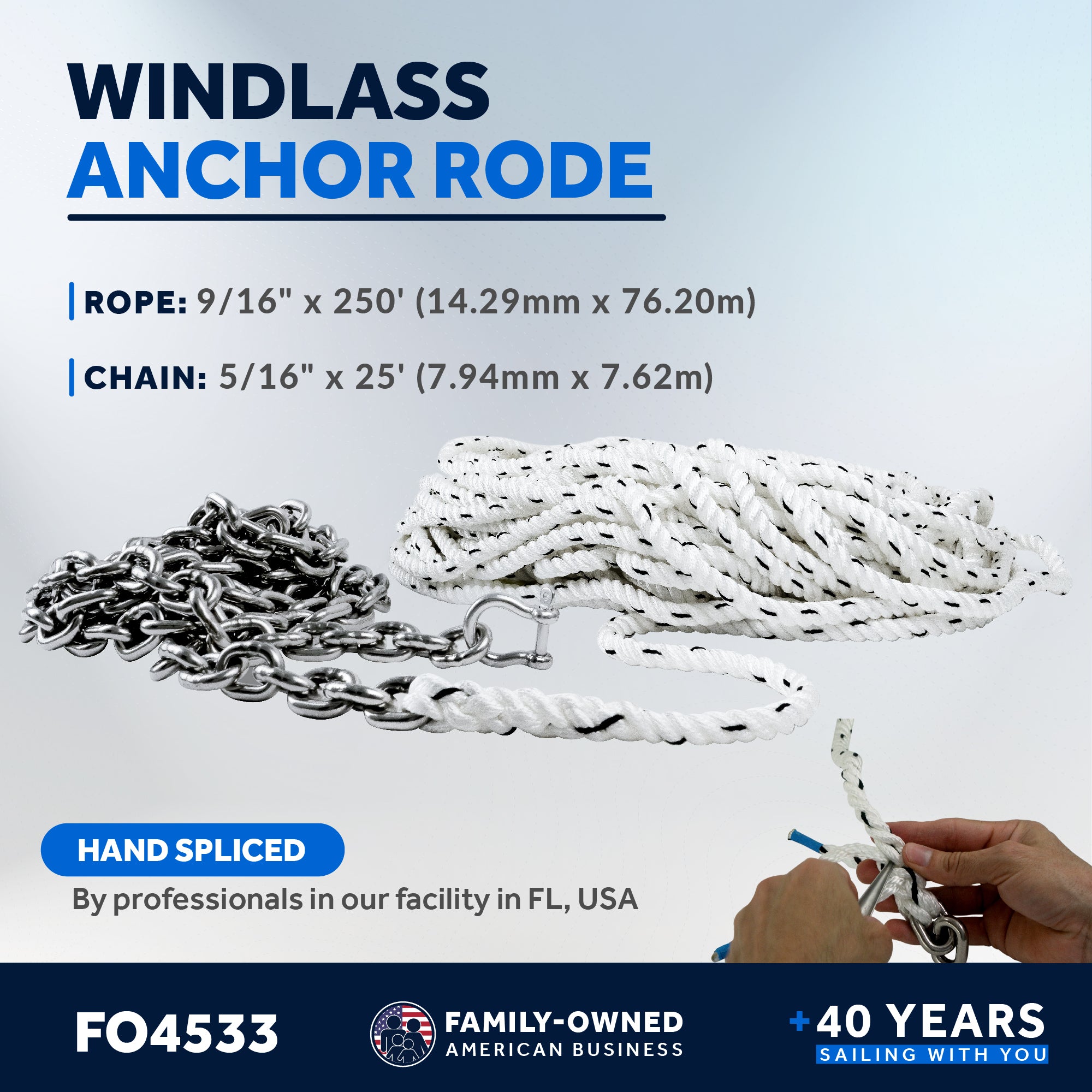 Windlass Anchor Rode, 9/16" x 250' Nylon 3-Strand Rope, 5/16" x 25' G4 Stainless Steel Chain - FO4533