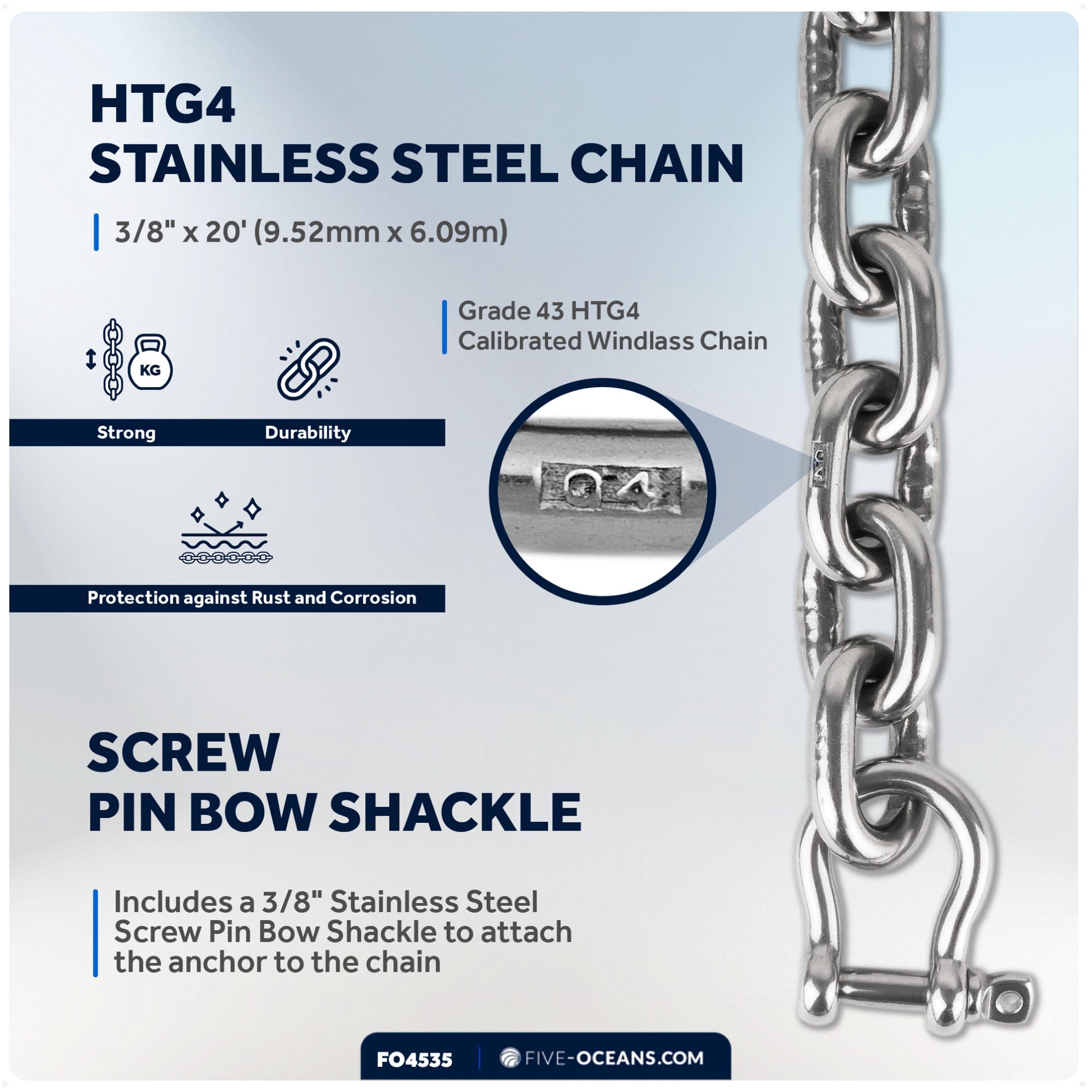 Windlass Anchor Rode, 5/8" x 250' Nylon 3-Strand Rope, 3/8" x 20' G4 Stainless Steel Chain - FO4535 - Five Oceans