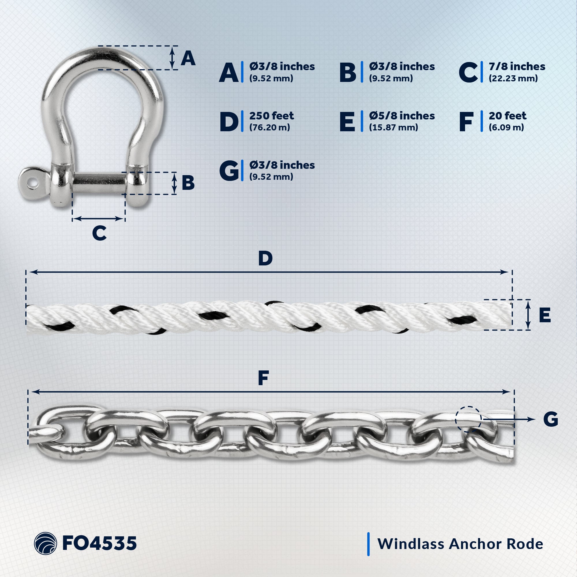 Windlass Anchor Rode, 5/8" x 250' Nylon 3-Strand Rope, 3/8" x 20' G4 Stainless Steel Chain - FO4535 - Five Oceans