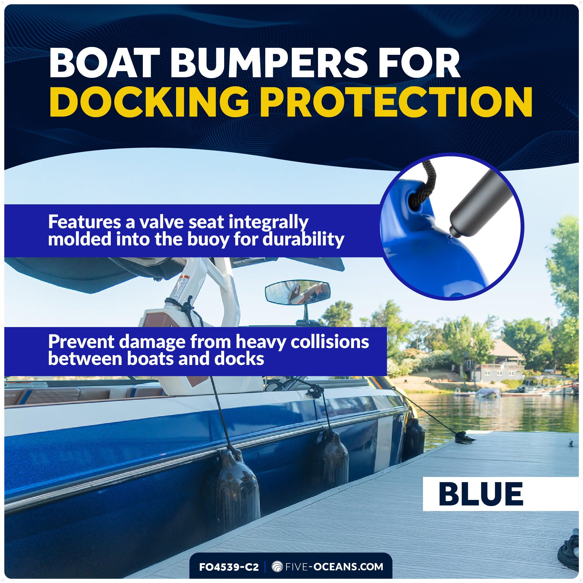 Inflatable Ribbed Boat Fender Kit, Blue 4.5" x 16", Includes 3/8" x 15' Dock Lines - FO4539-C2