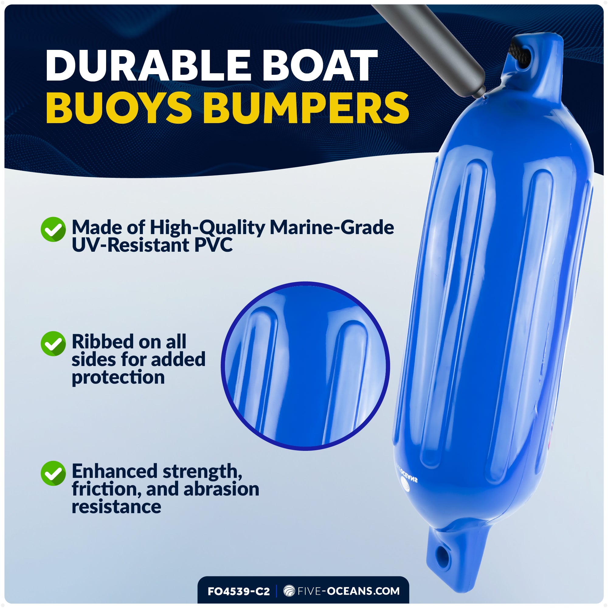 Inflatable Ribbed Boat Fender Kit, Blue 4.5" x 16", Includes 3/8" x 15' Dock Lines - FO4539-C2