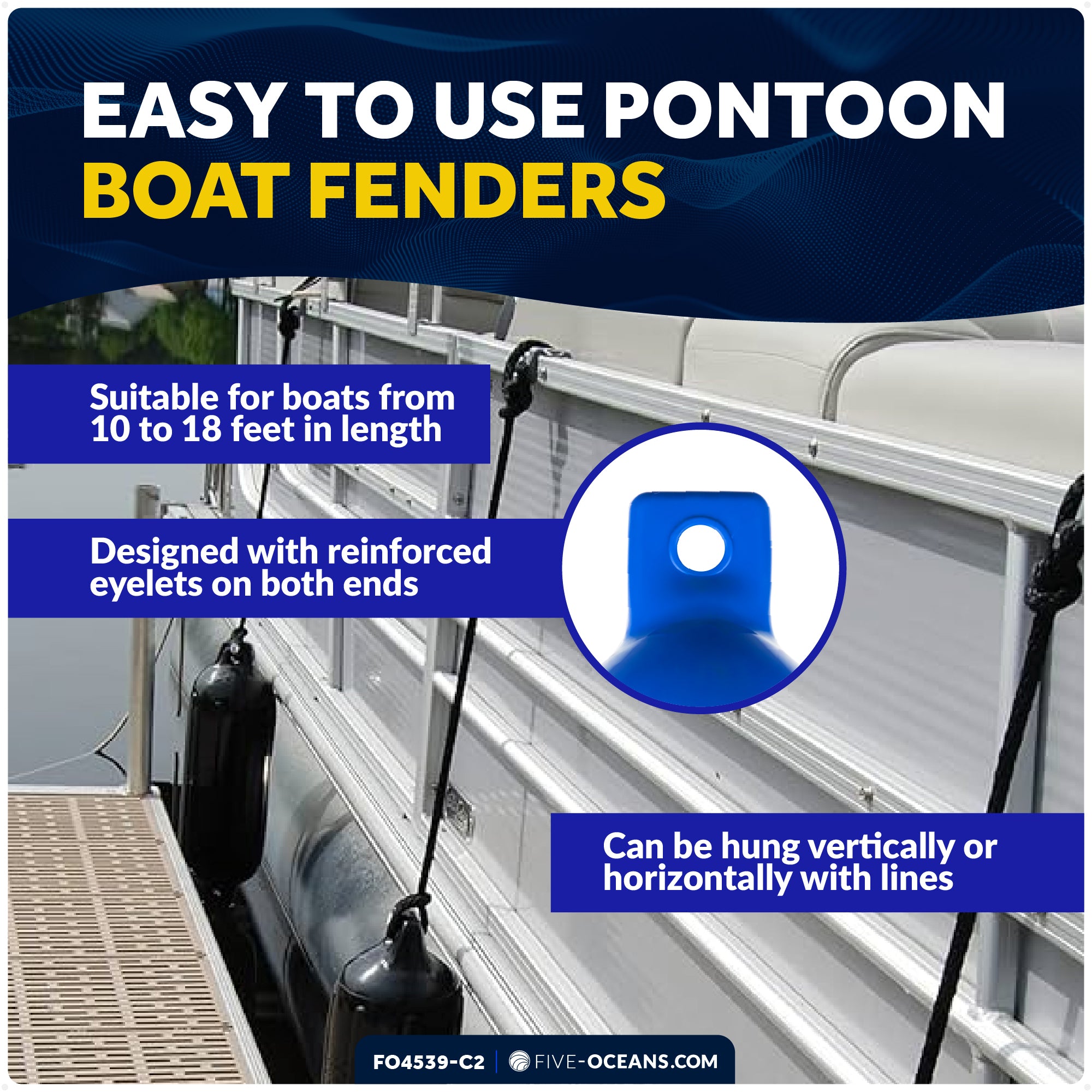 Inflatable Ribbed Boat Fender Kit, Blue 4.5" x 16", Includes 3/8" x 15' Dock Lines - FO4539-C2
