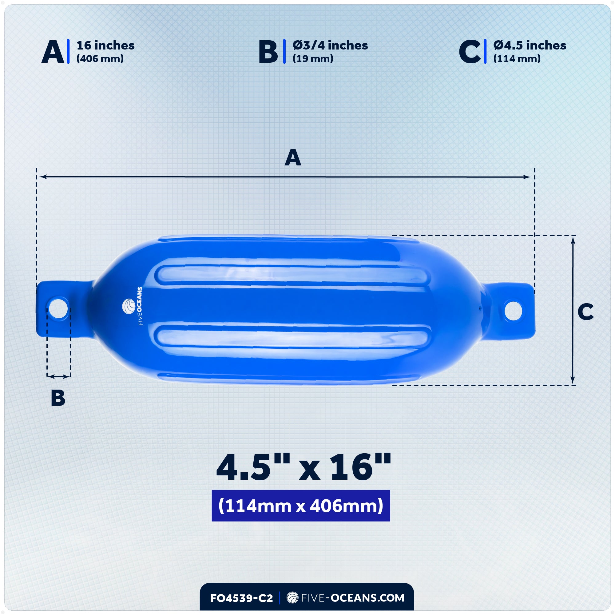 Inflatable Ribbed Boat Fender Kit, Blue 4.5" x 16", Includes 3/8" x 15' Dock Lines - FO4539-C2