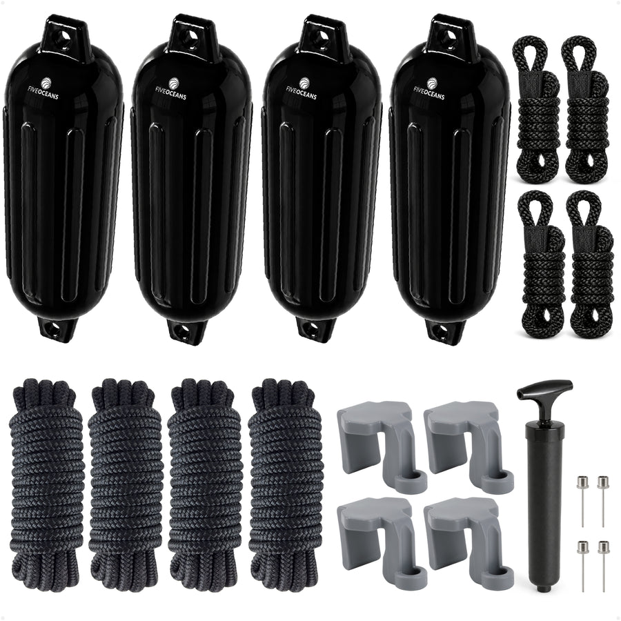 Pontoon Docking Kit - Black Fenders with Dock Lines & Fender Clips, 4-Pack