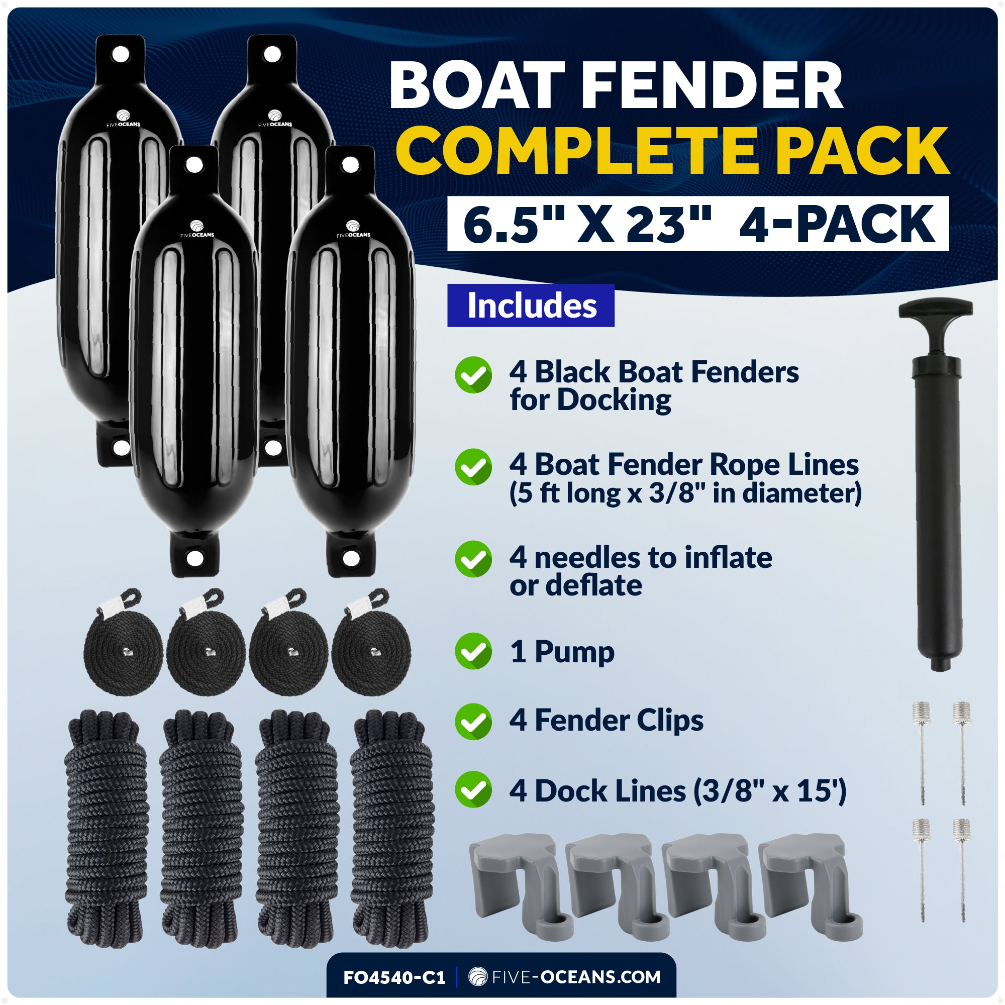Pontoon Docking Kit - Inflatable Ribbed Fender, Black 6.5" x 23", Dock Lines and Fender Clips - FO4540-C1