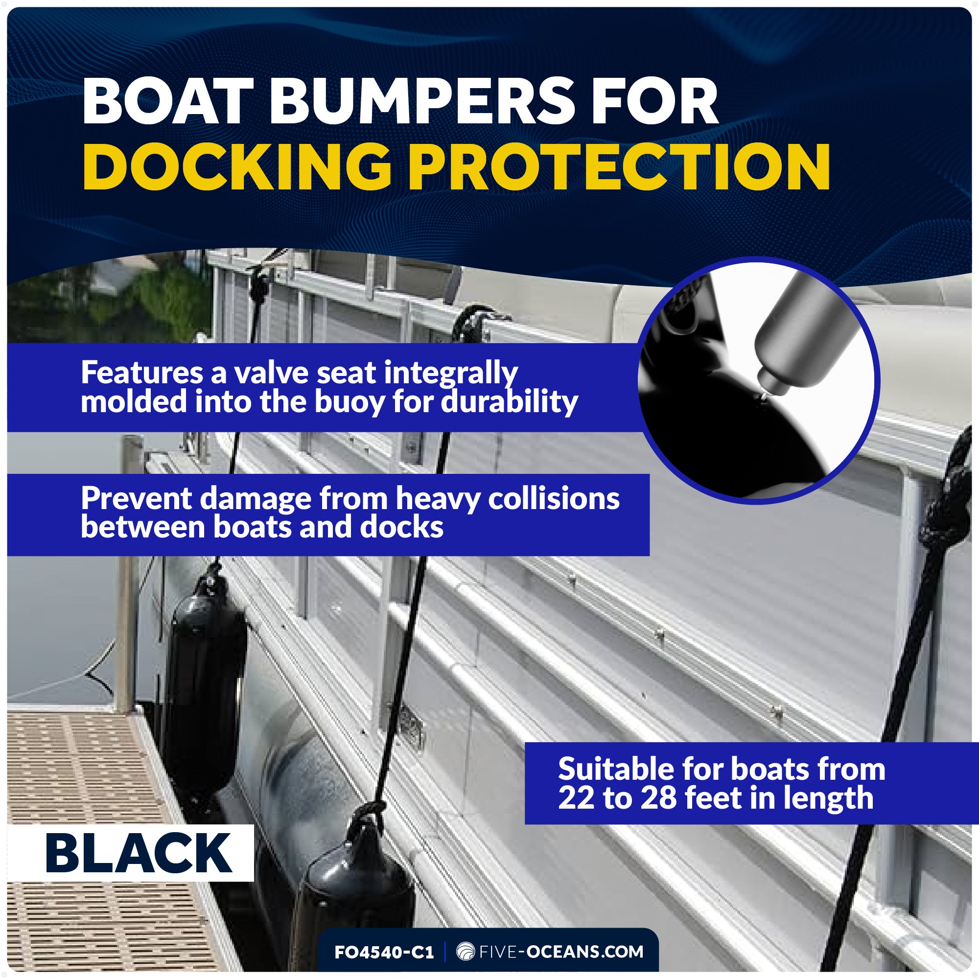 Pontoon Docking Kit - Inflatable Ribbed Fender, Black 6.5" x 23", Dock Lines and Fender Clips - FO4540-C1