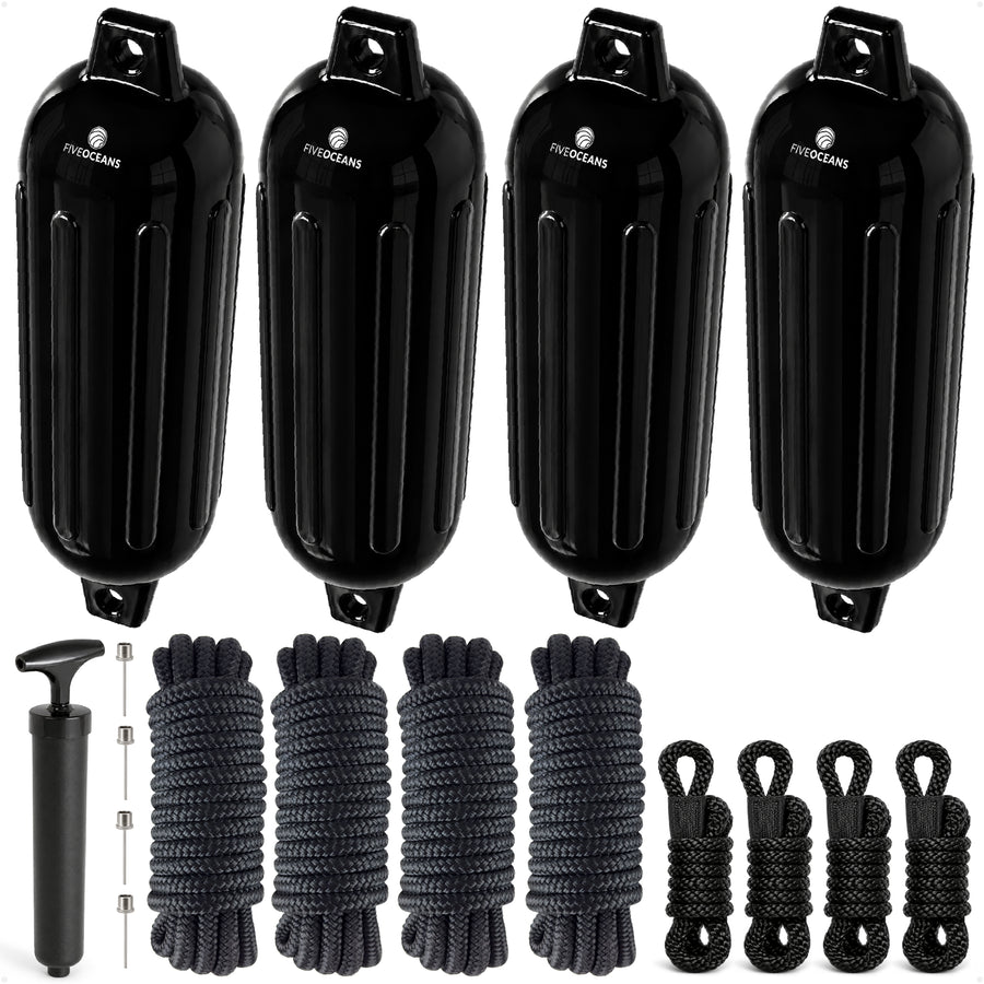 Boat Docking Kit - Black Fenders & Dock Lines, 4-Pack