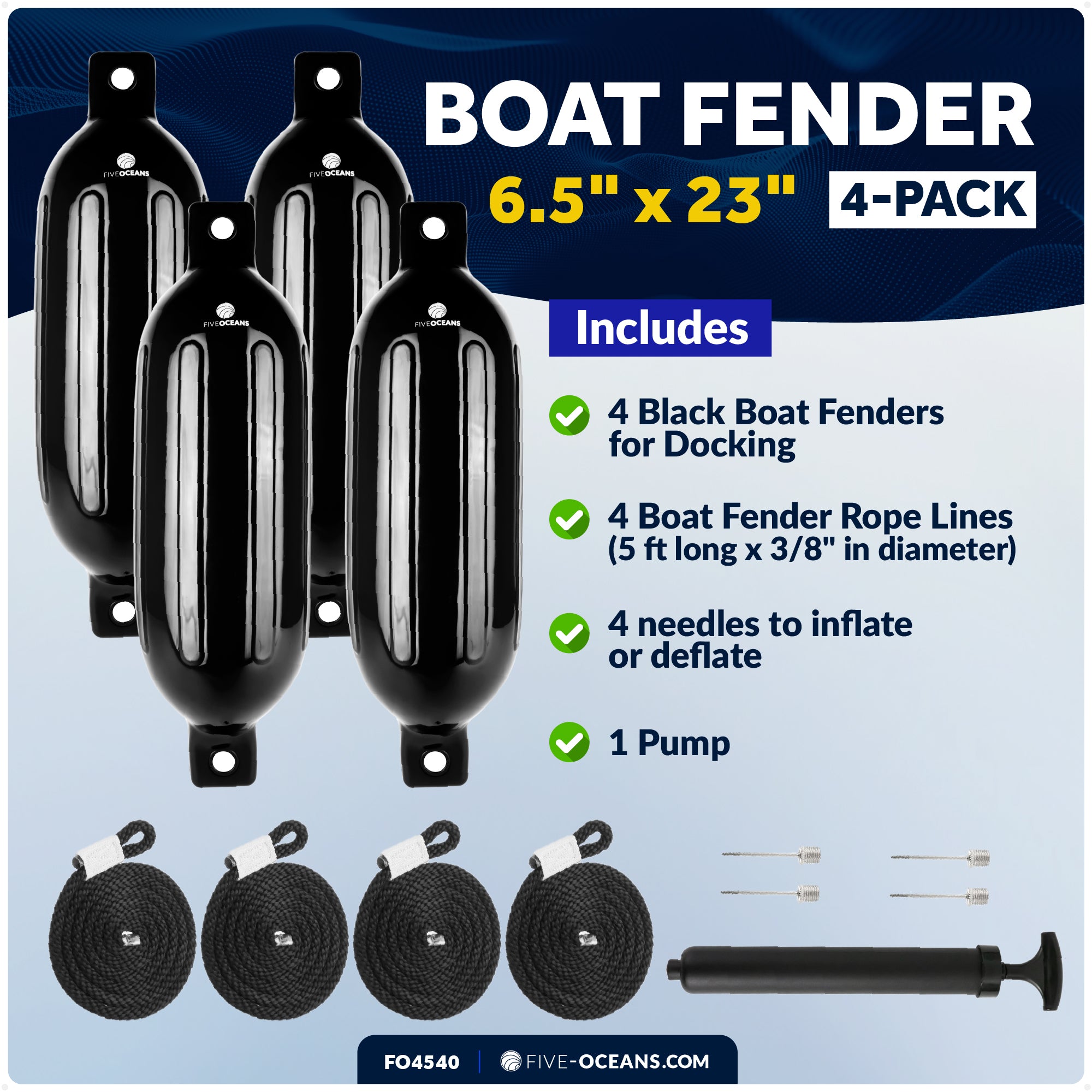 Inflatable Ribbed Boat Fenders - 4 Pack, Black, 6.5" x 23" - FO4540