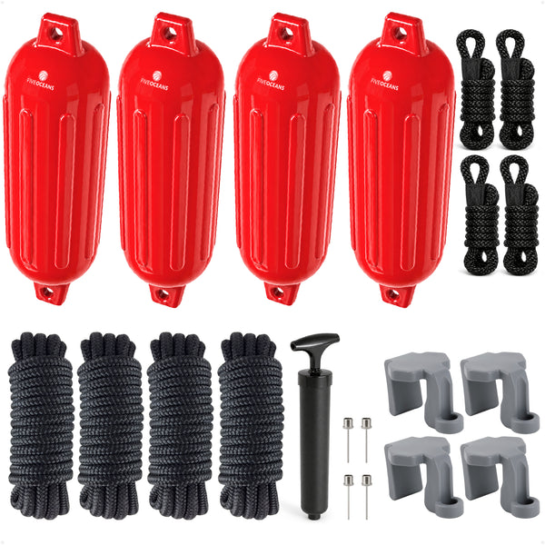 Pontoon Docking Kit - 6.5" x 23" Red Fenders with Dock Lines & Fender Clips, 4-Pack