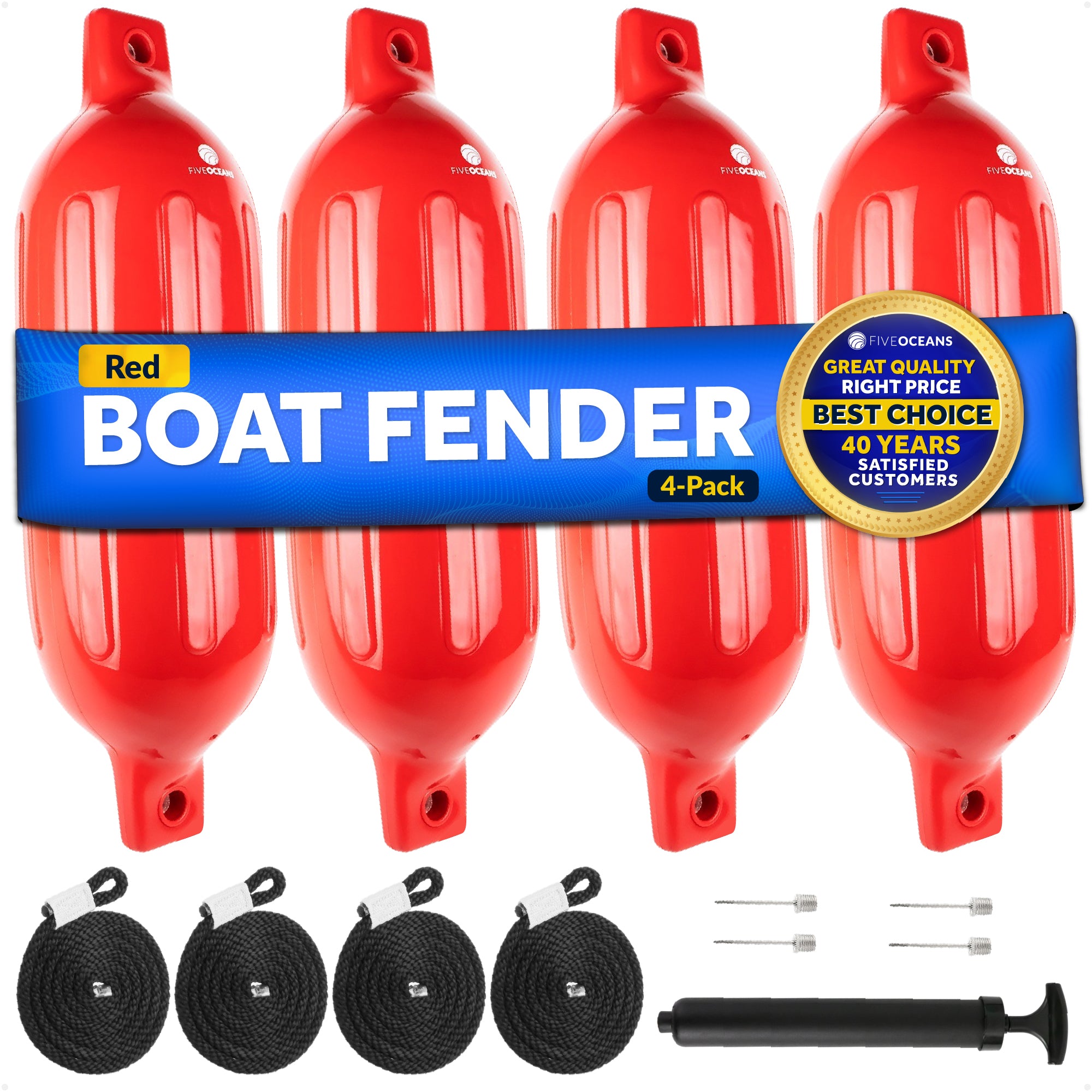 Inflatable Ribbed Boat Fenders - 4 Pack, Red, 6.5" x 23" - FO4541