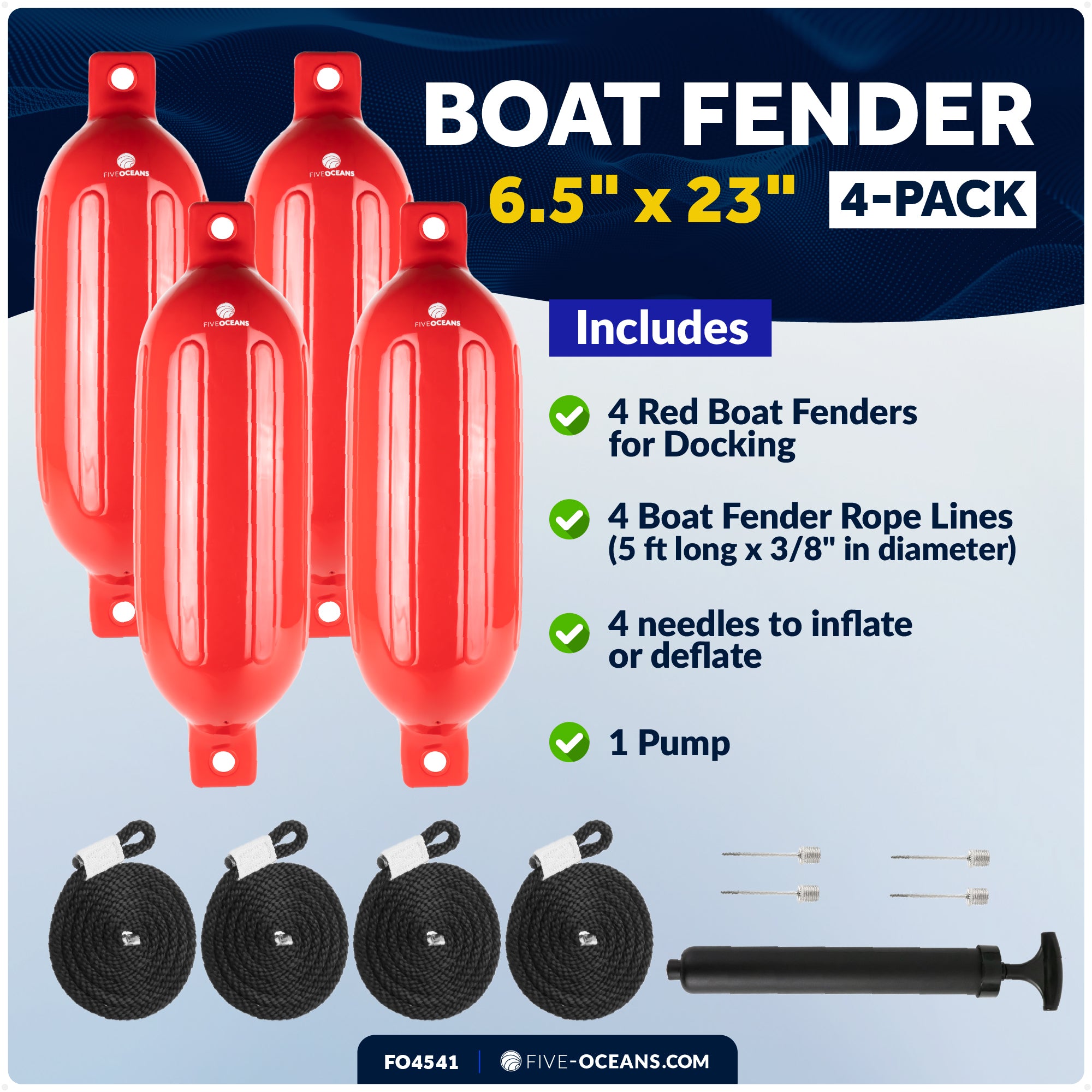 Inflatable Ribbed Boat Fenders - 4 Pack, Red, 6.5" x 23" - FO4541