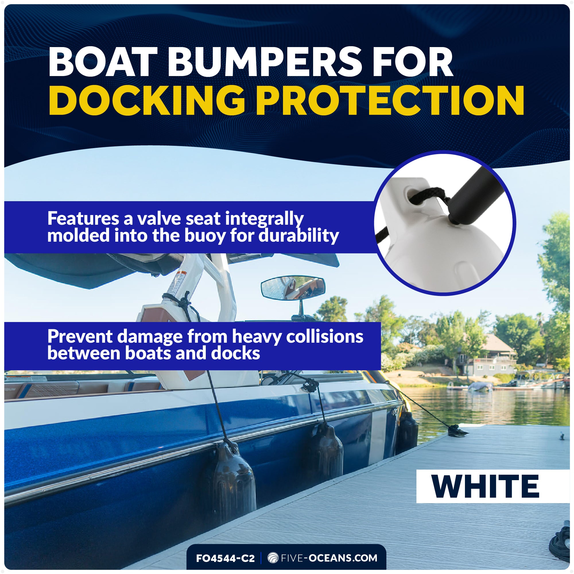 Inflatable Ribbed Boat Fender Kit, White 6.5" x 23", Includes 3/8" x 15' Dock Lines - FO4544-C2