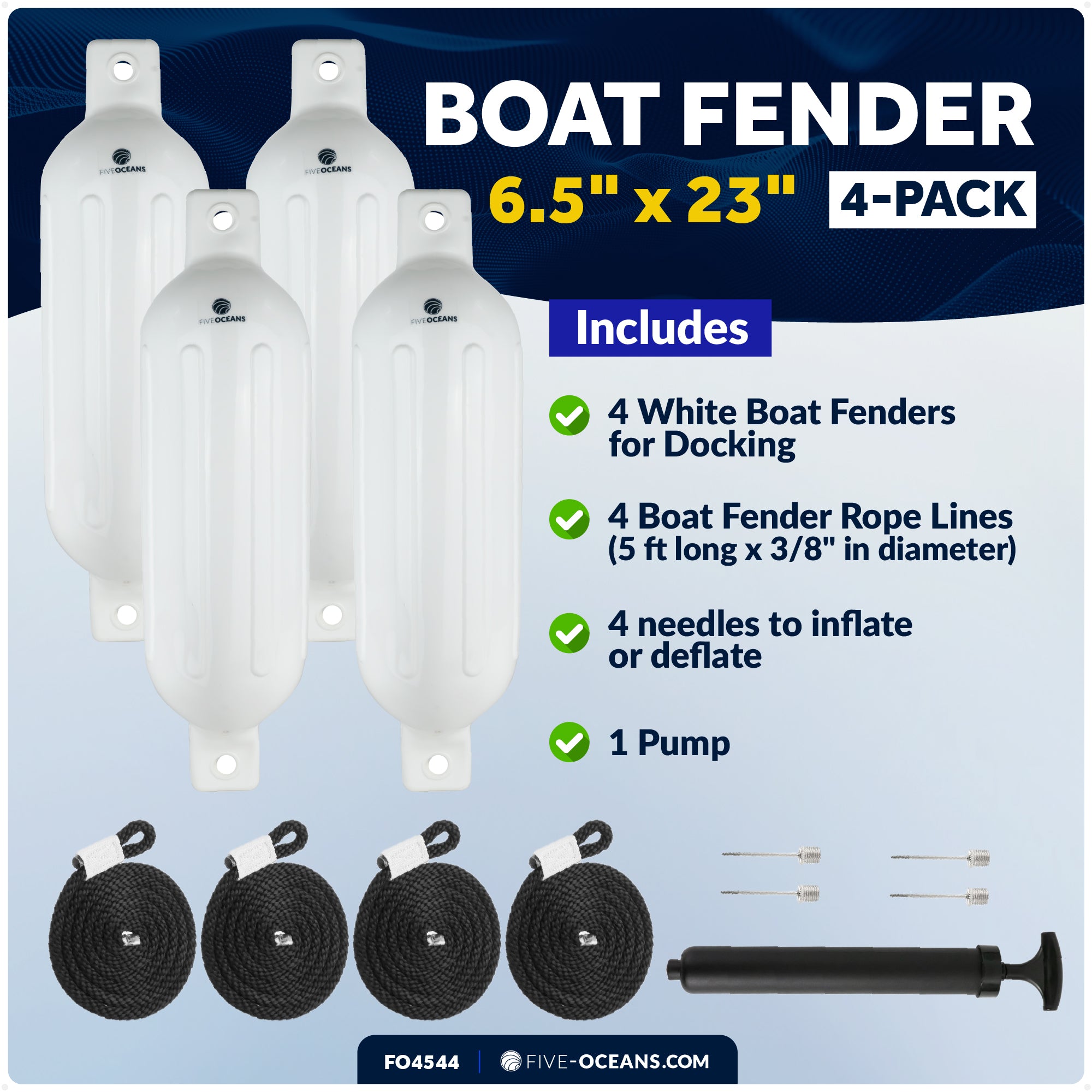Inflatable Ribbed Boat Fenders - 4 Pack, White, 6.5" x 23" - FO4544