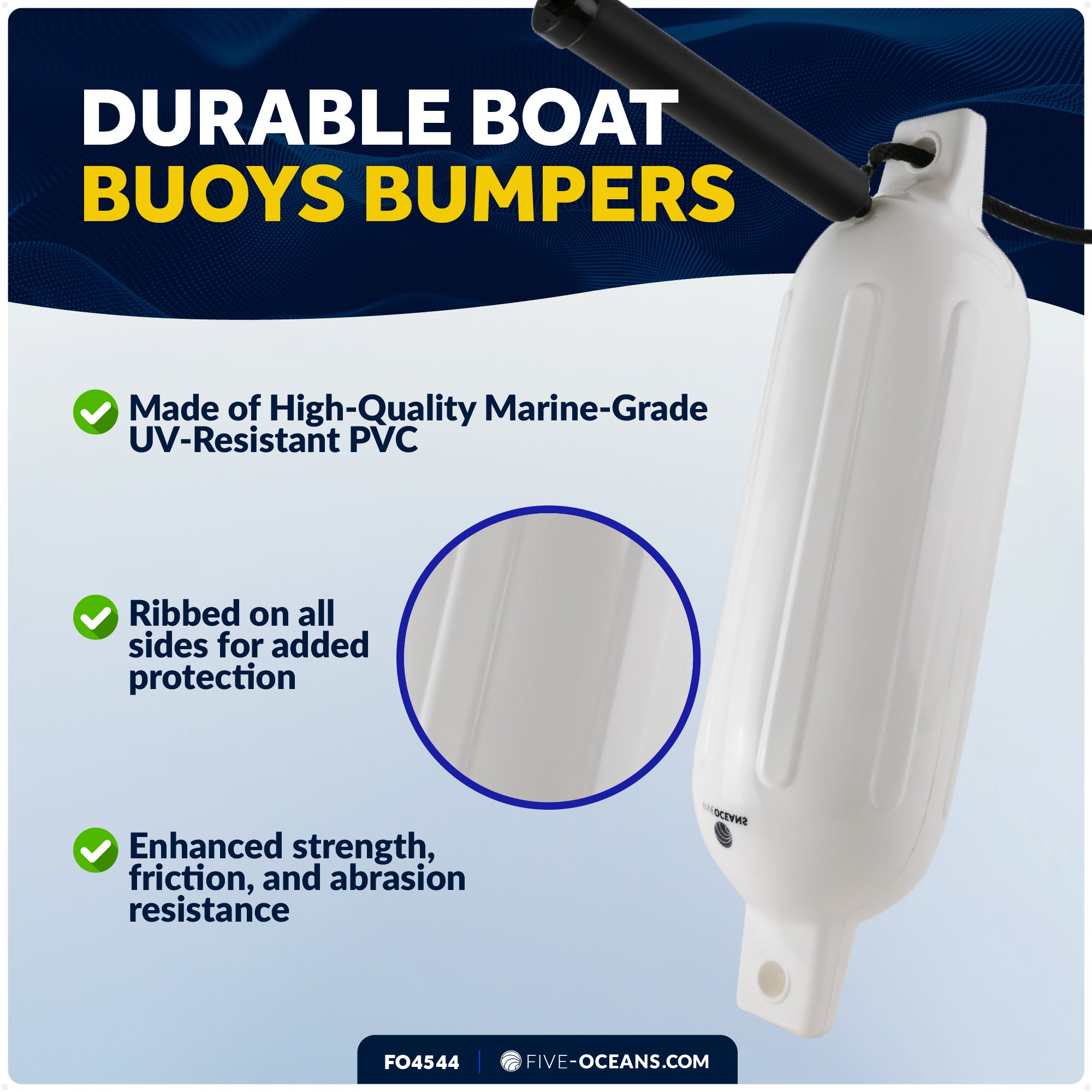 Inflatable Ribbed Boat Fenders - 4 Pack, White, 6.5" x 23" - FO4544